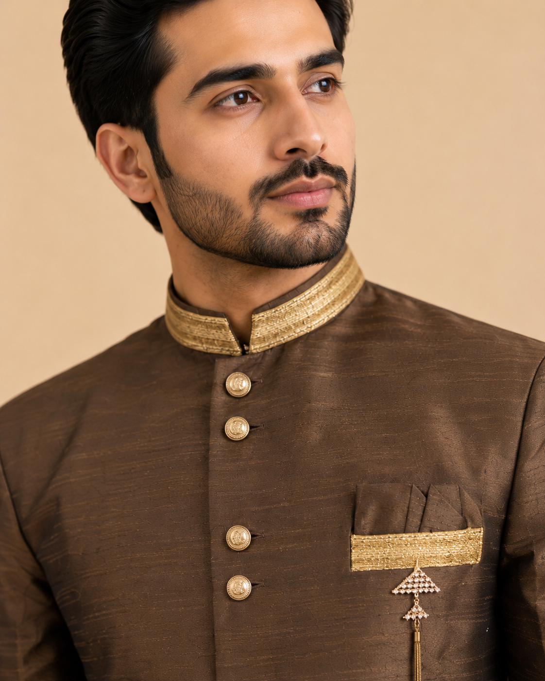 Men's Brown Silk Indo-Western Sherwani Set with Designer Lace & Polo Pant