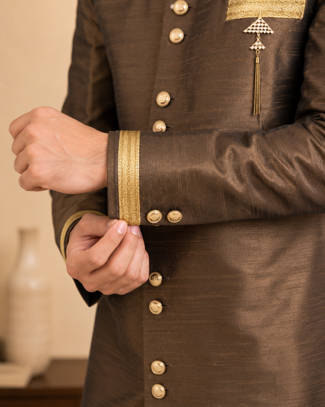 Men's Brown Silk Indo-Western Sherwani Set with Designer Lace & Polo Pant