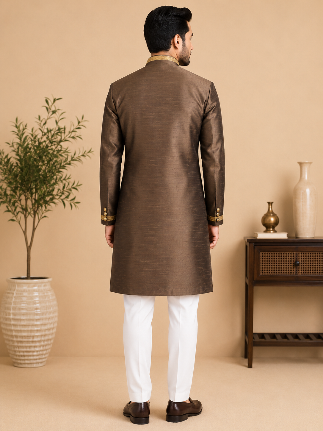 Men's Brown Silk Indo-Western Sherwani Set with Designer Lace & Polo Pant