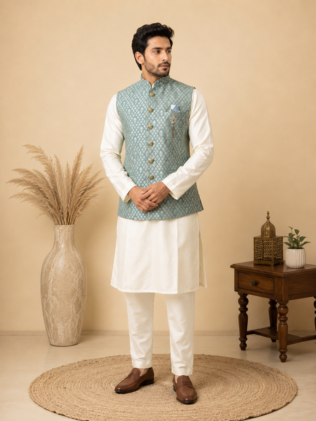 Men's Off-White Art Silk Kurta Set with Bluish-Green Jacquard Nehru Jacket & Churidar
