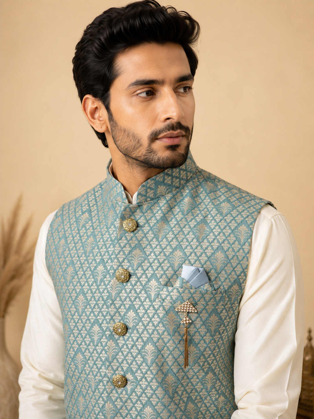 Men's Off-White Art Silk Kurta Set with Bluish-Green Jacquard Nehru Jacket & Churidar