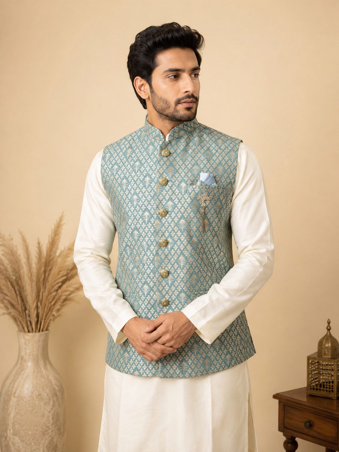 Men's Off-White Art Silk Kurta Set with Bluish-Green Jacquard Nehru Jacket & Churidar