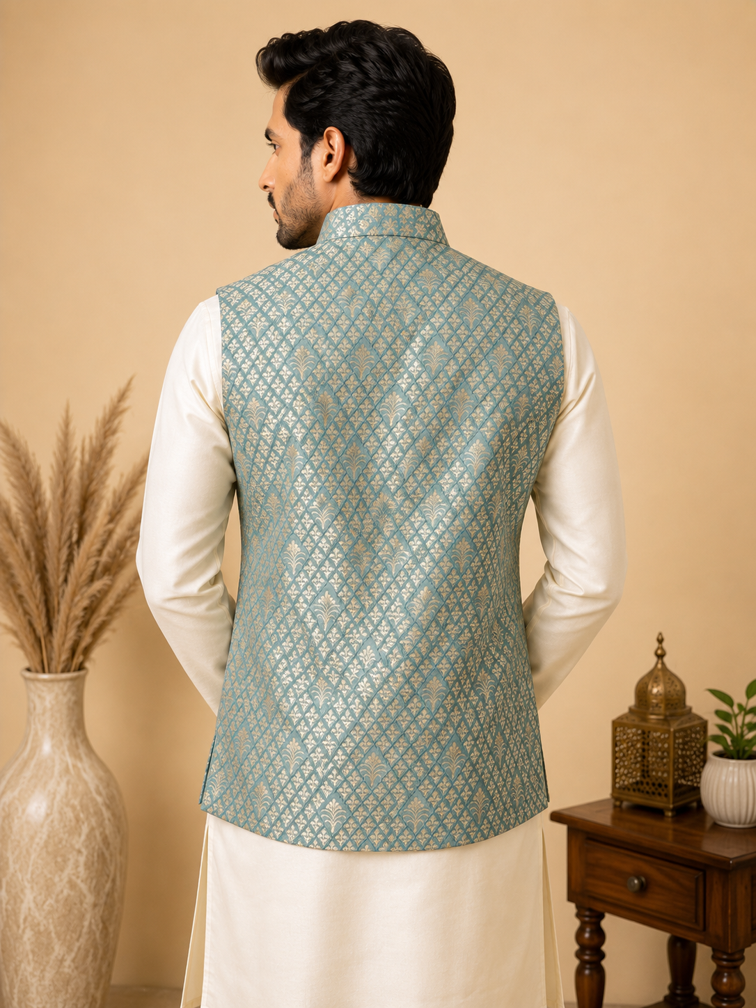 Men's Off-White Art Silk Kurta Set with Bluish-Green Jacquard Nehru Jacket & Churidar