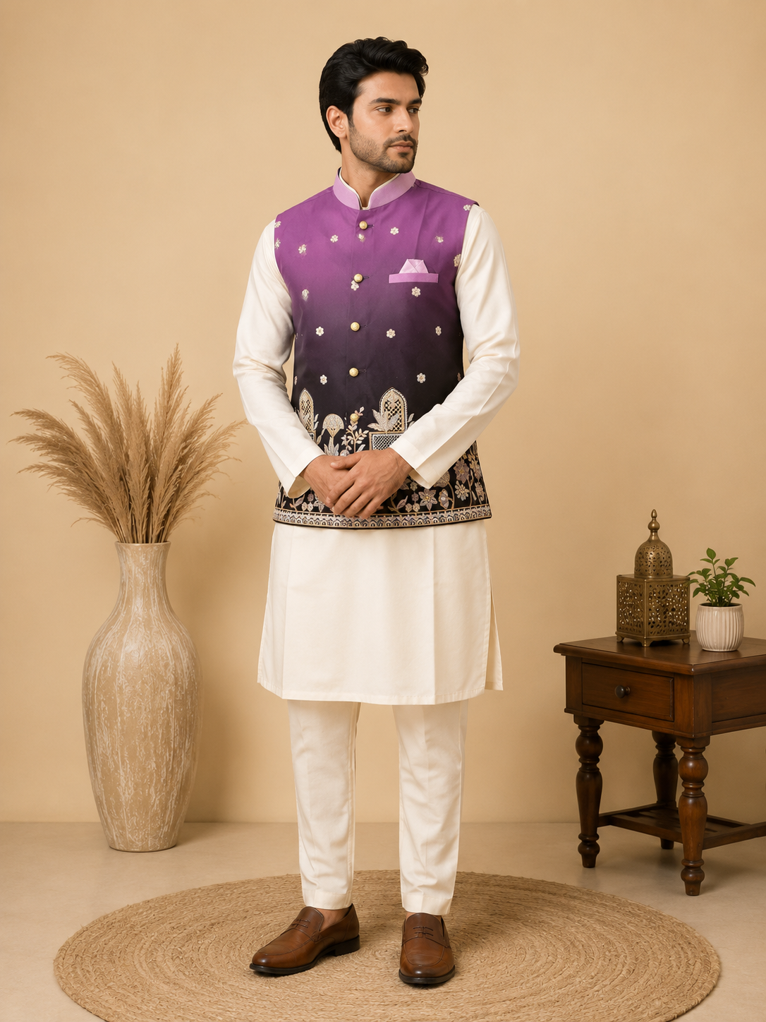 Men's Purple Ombre Embroidered Nehru Jacket Set with Cream Silk Kurta & Pant