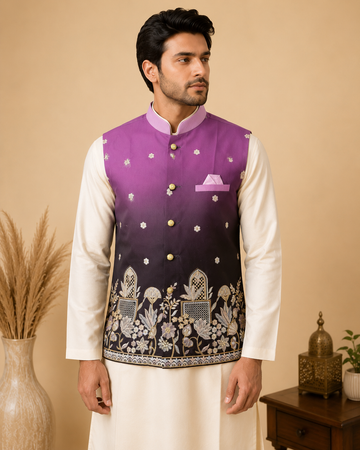 Men's Purple Ombre Embroidered Nehru Jacket Set with Cream Silk Kurta & Pant