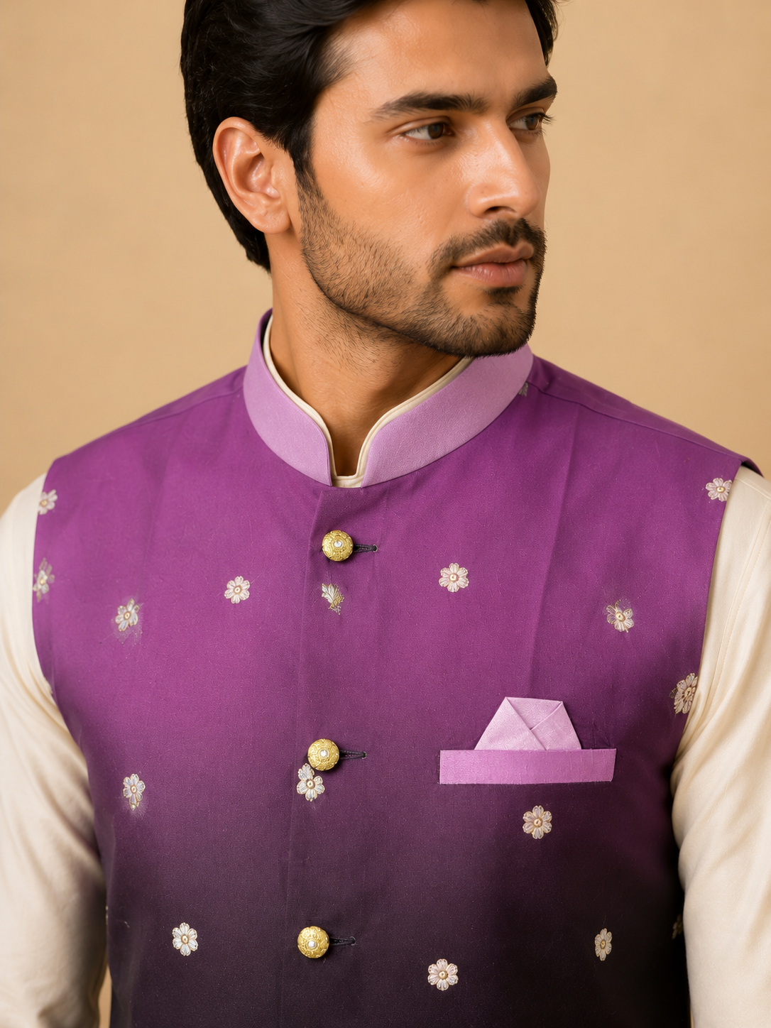 Men's Purple Ombre Embroidered Nehru Jacket Set with Cream Silk Kurta & Pant