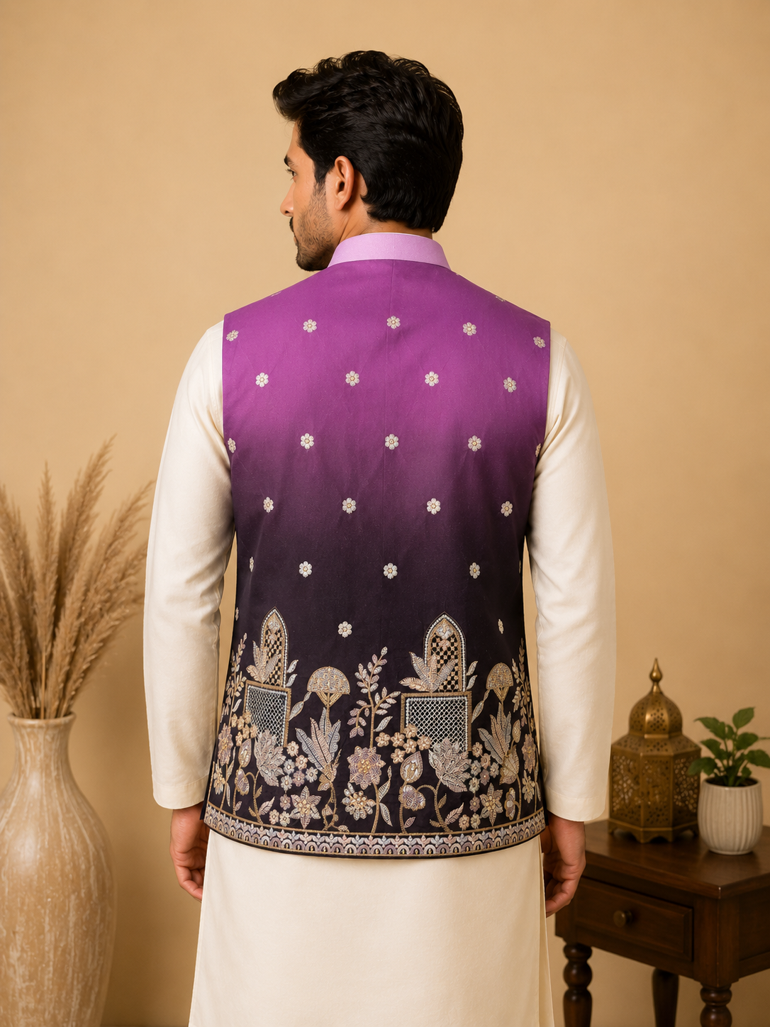 Men's Purple Ombre Embroidered Nehru Jacket Set with Cream Silk Kurta & Pant