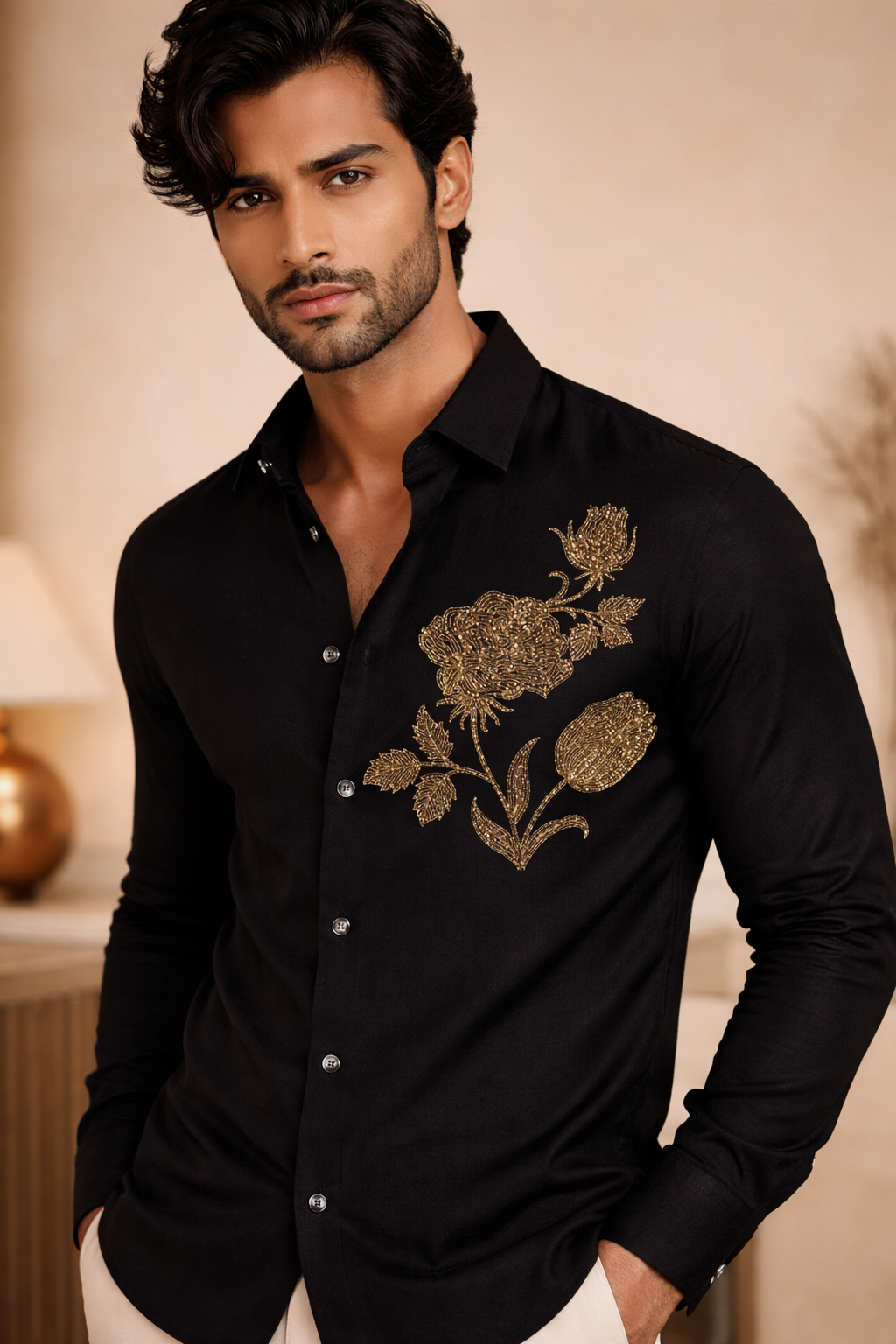 BLACK TONE SHIRT WITH FLORAL HAND EMBROIDERY