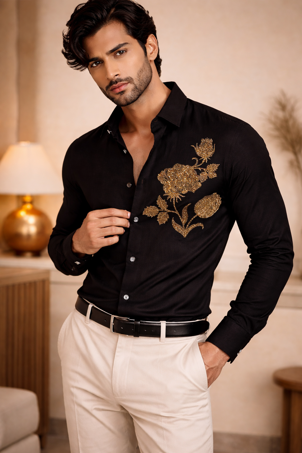 BLACK TONE SHIRT WITH FLORAL HAND EMBROIDERY