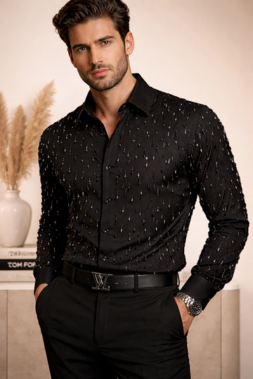 BLACK SHIRT WITH ASTER & HEAVY UNIQUE HAND WORK ALL-OVER
