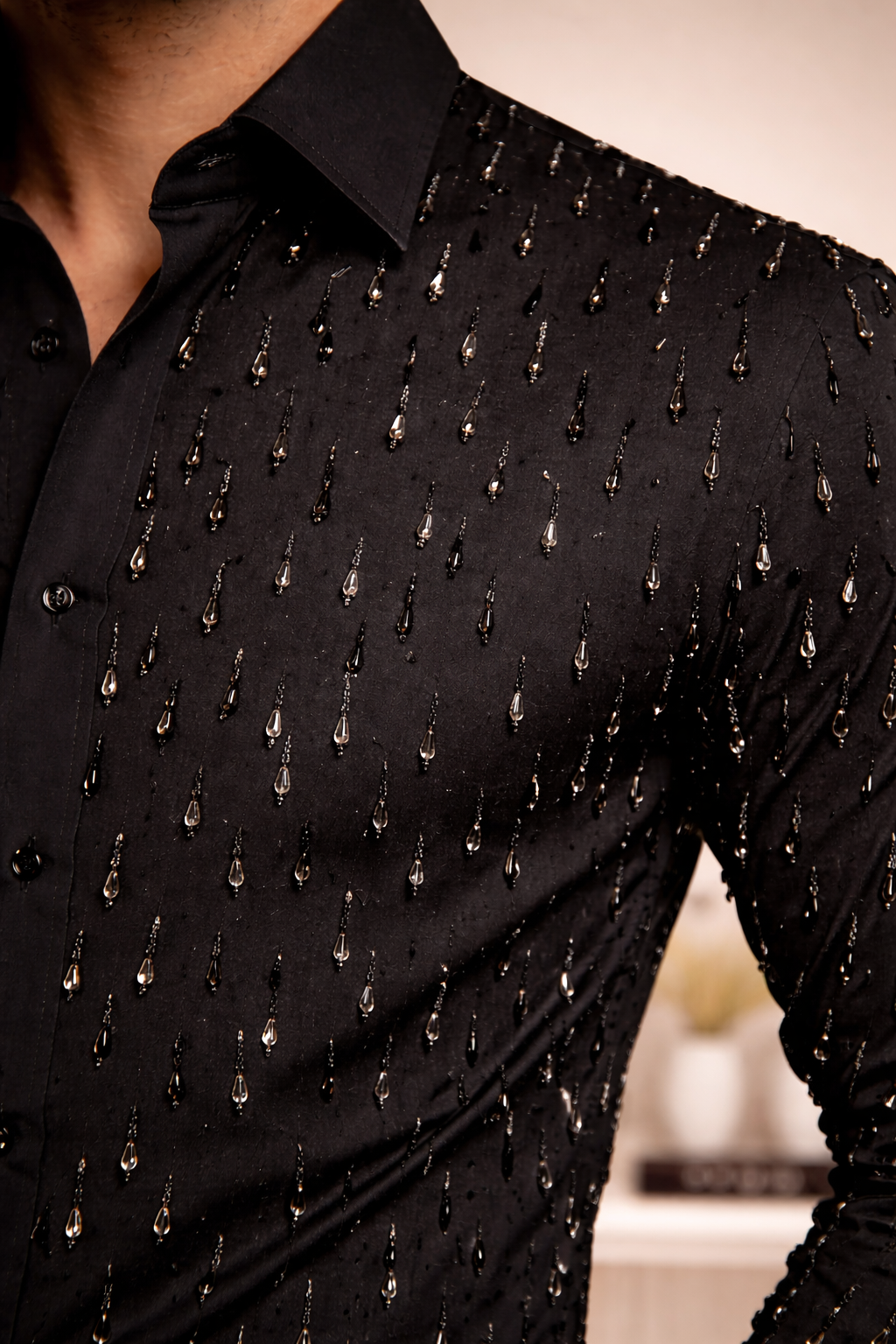 BLACK SHIRT WITH ASTER & HEAVY UNIQUE HAND WORK ALL-OVER
