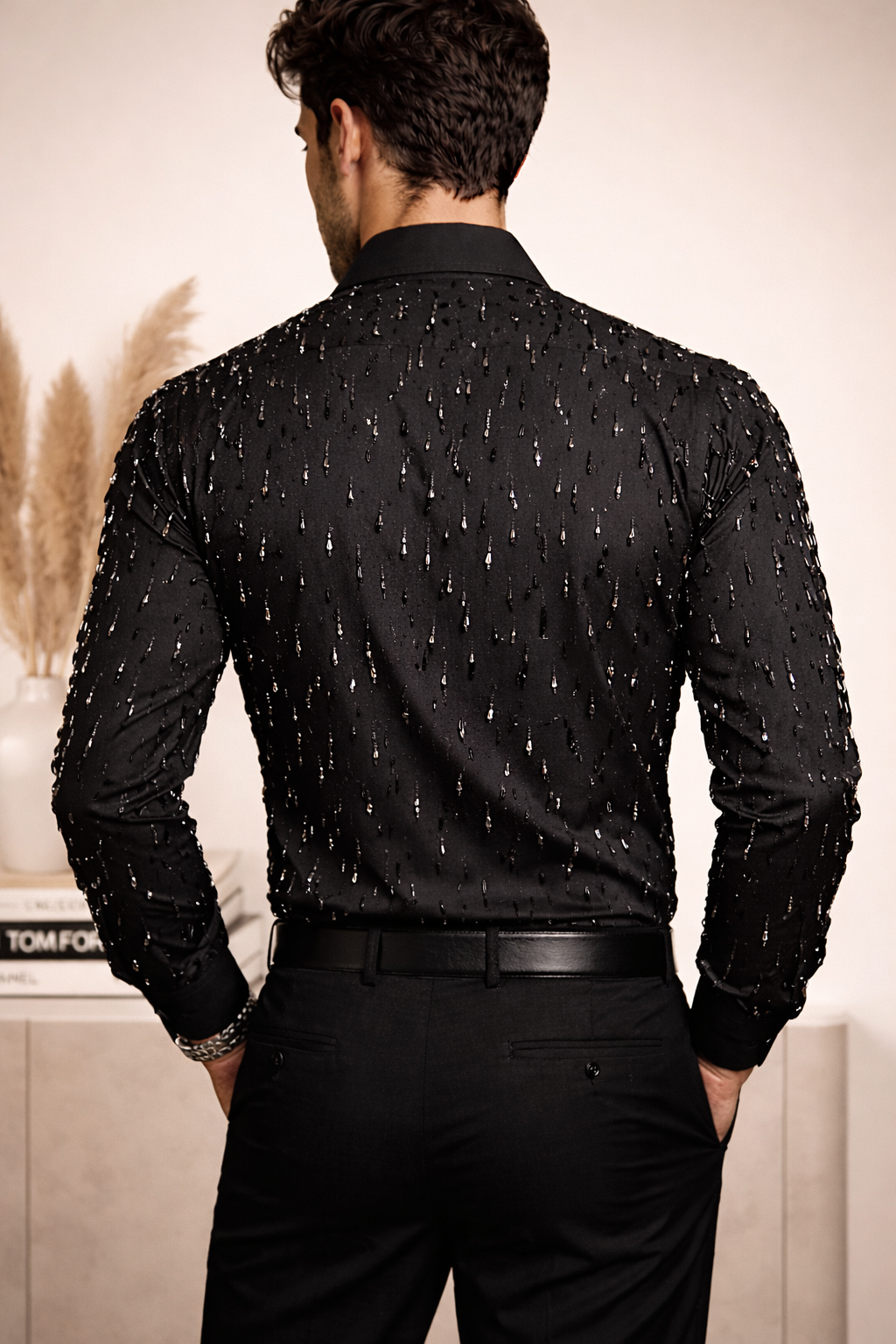 BLACK SHIRT WITH ASTER & HEAVY UNIQUE HAND WORK ALL-OVER