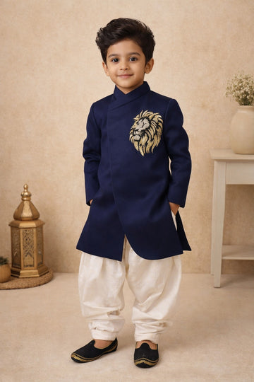 KID'S SHERWANI SET IN BLUE TONE WITH UNIQUE PATTERN & HEAVY EMBROIDERY
