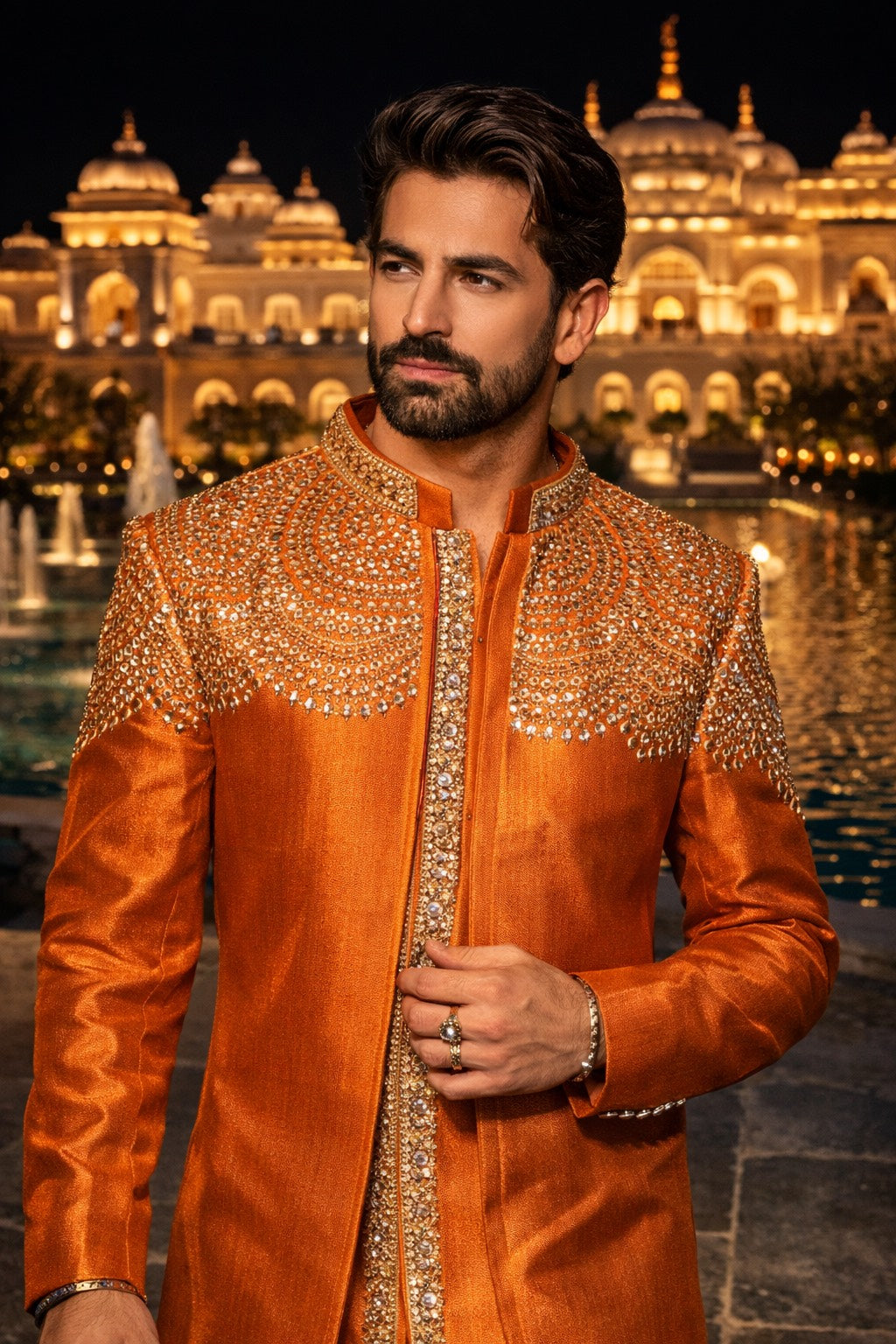 JOINT JACKET UNIQUE STYLE IN ORANGE TONE WITH HEAVY HAND EMBROIDERY FOR WEDDING CEREMONIES