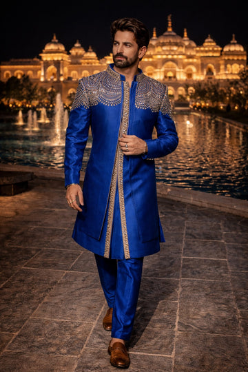 JOINT JACKET UNIQUE STYLE IN BLUE TONE WITH HEAVY HAND EMBROIDERY FOR WEDDING CEREMONIES