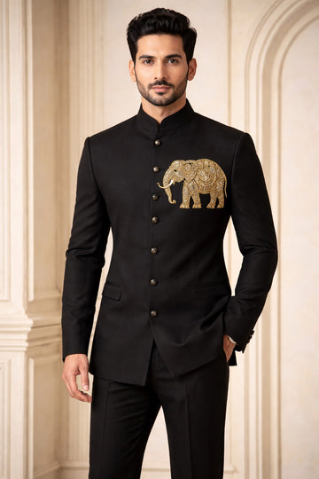 CLASSY BLACK JODHPURI SET WITH TRADITIONAL HAND EMBROIDERY FOR EVERY WEDDING OCCASIONS