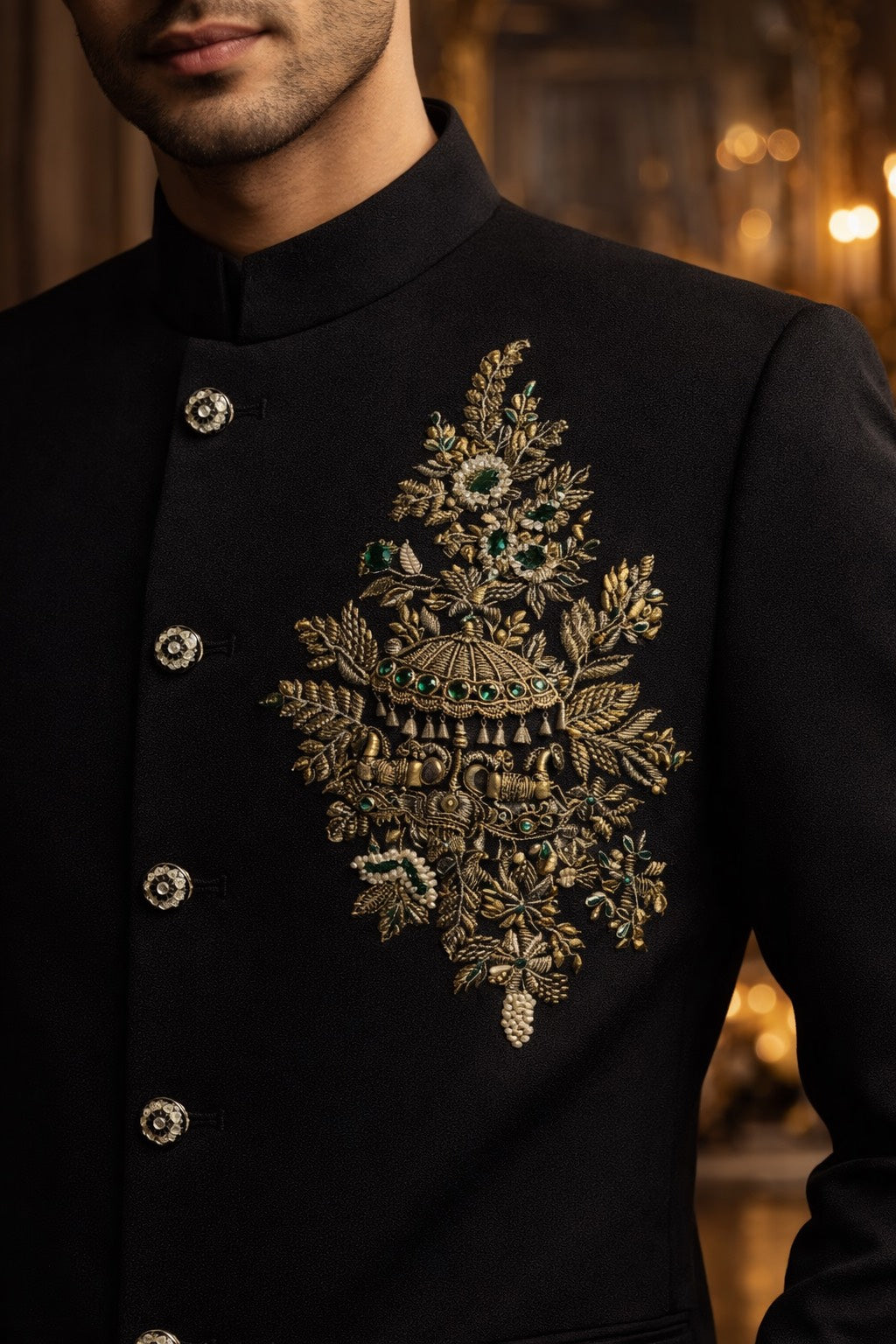 RICH BLACK JODHPURI SET WITH UNIQUE HAND EMBROIDERY FOR EVERY WEDDING OCCASIONS