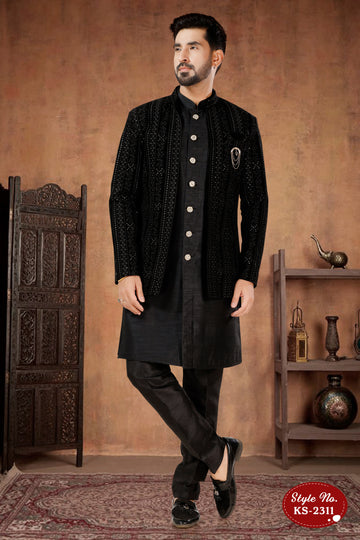 VELVET OPEN INDO-WESTERN SET IN BLACK TONE