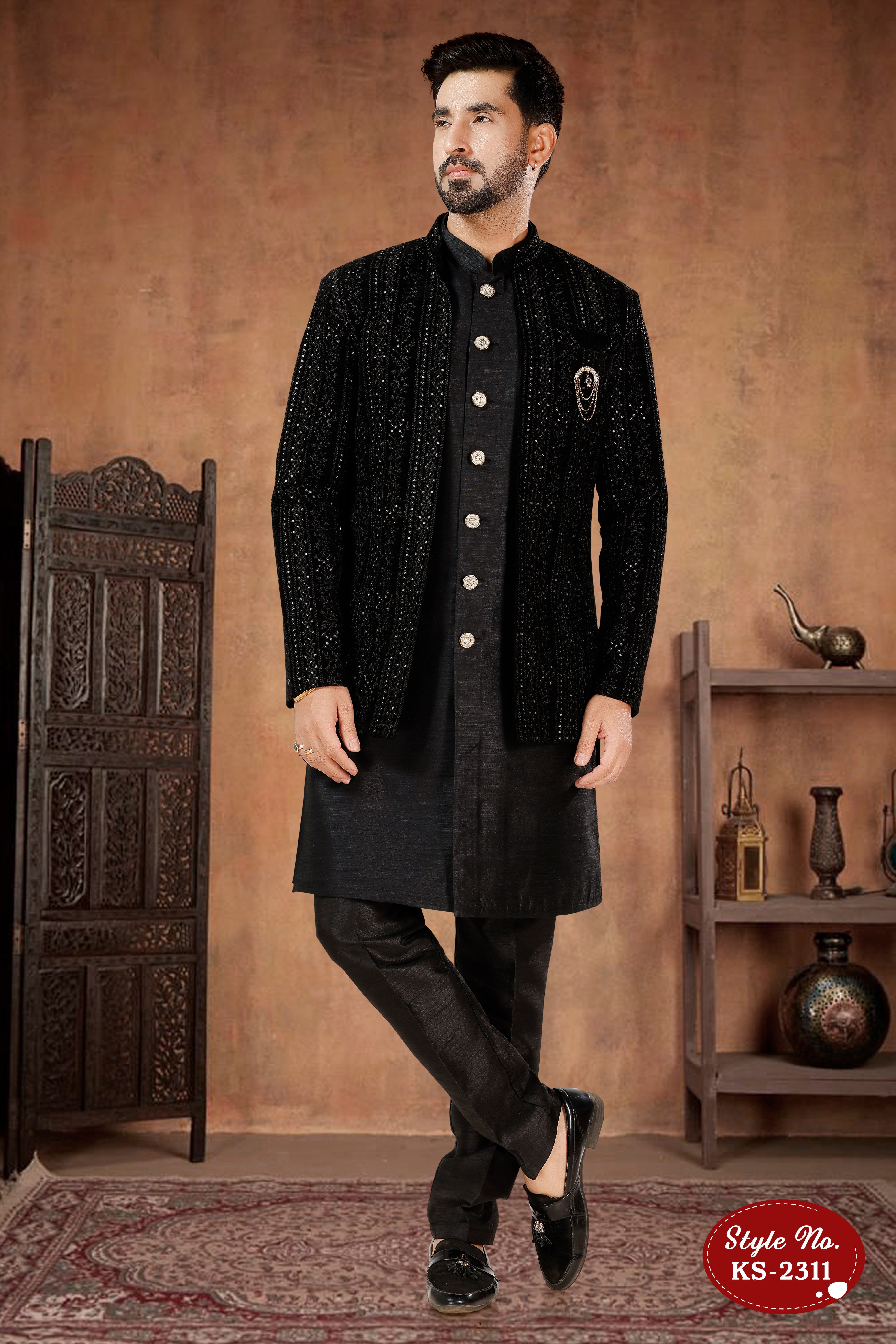 VELVET OPEN INDO-WESTERN SET IN BLACK TONE