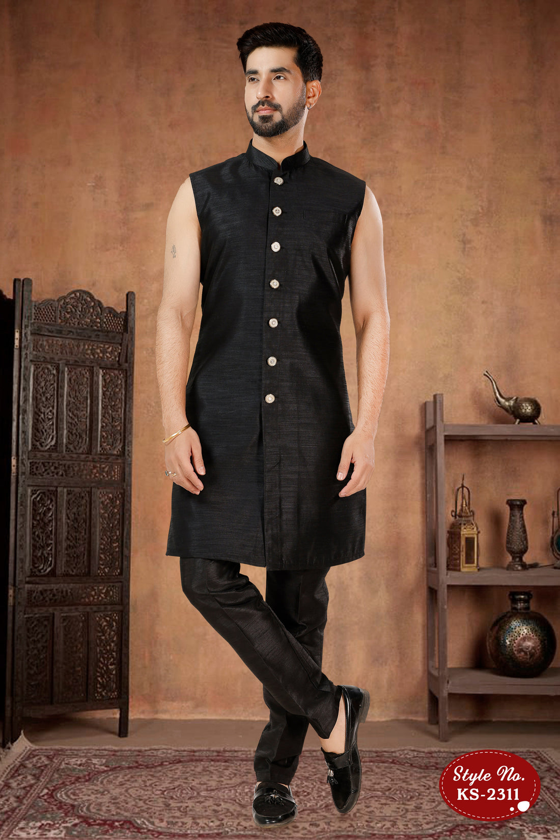 VELVET OPEN INDO-WESTERN SET IN BLACK TONE