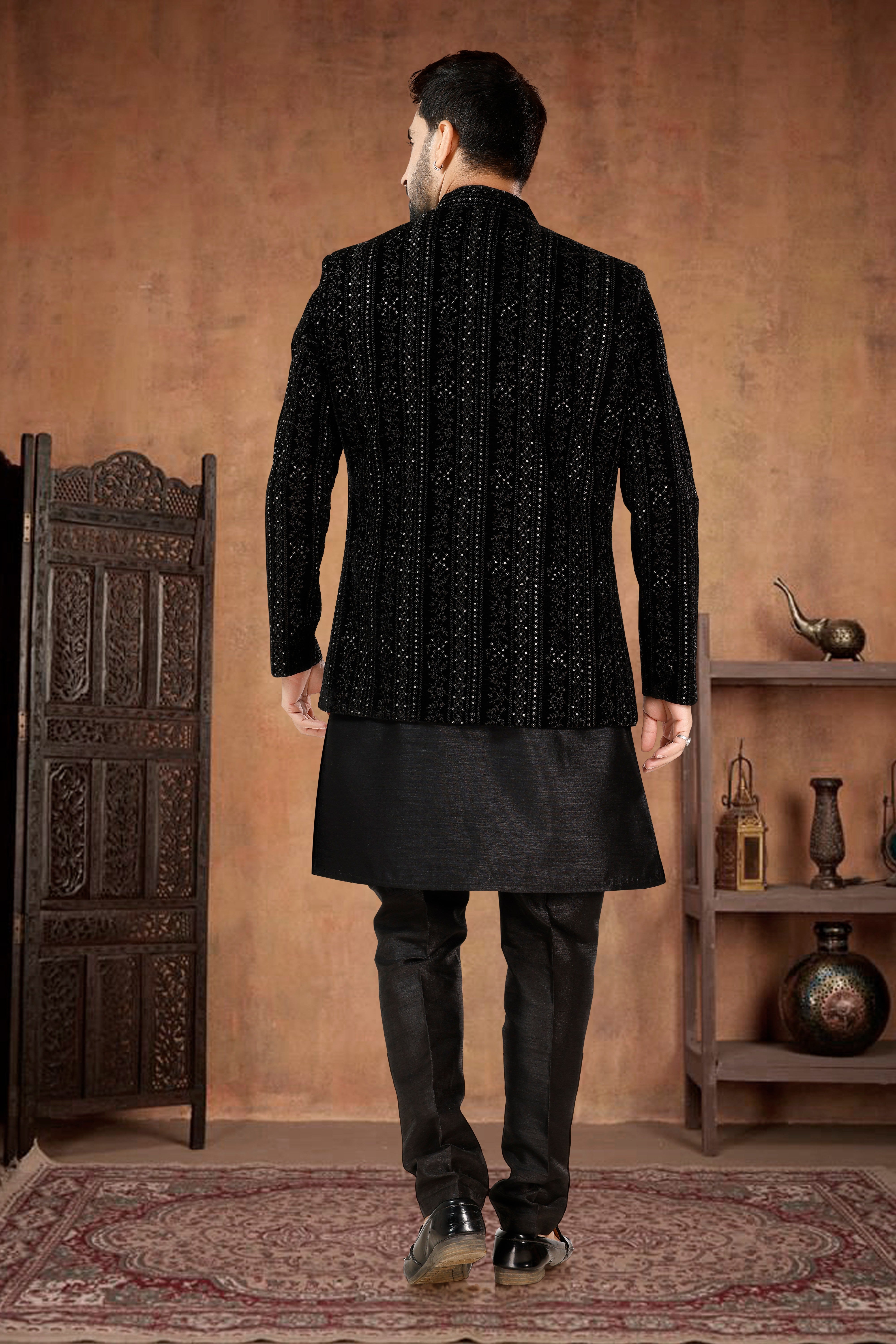VELVET OPEN INDO-WESTERN SET IN BLACK TONE