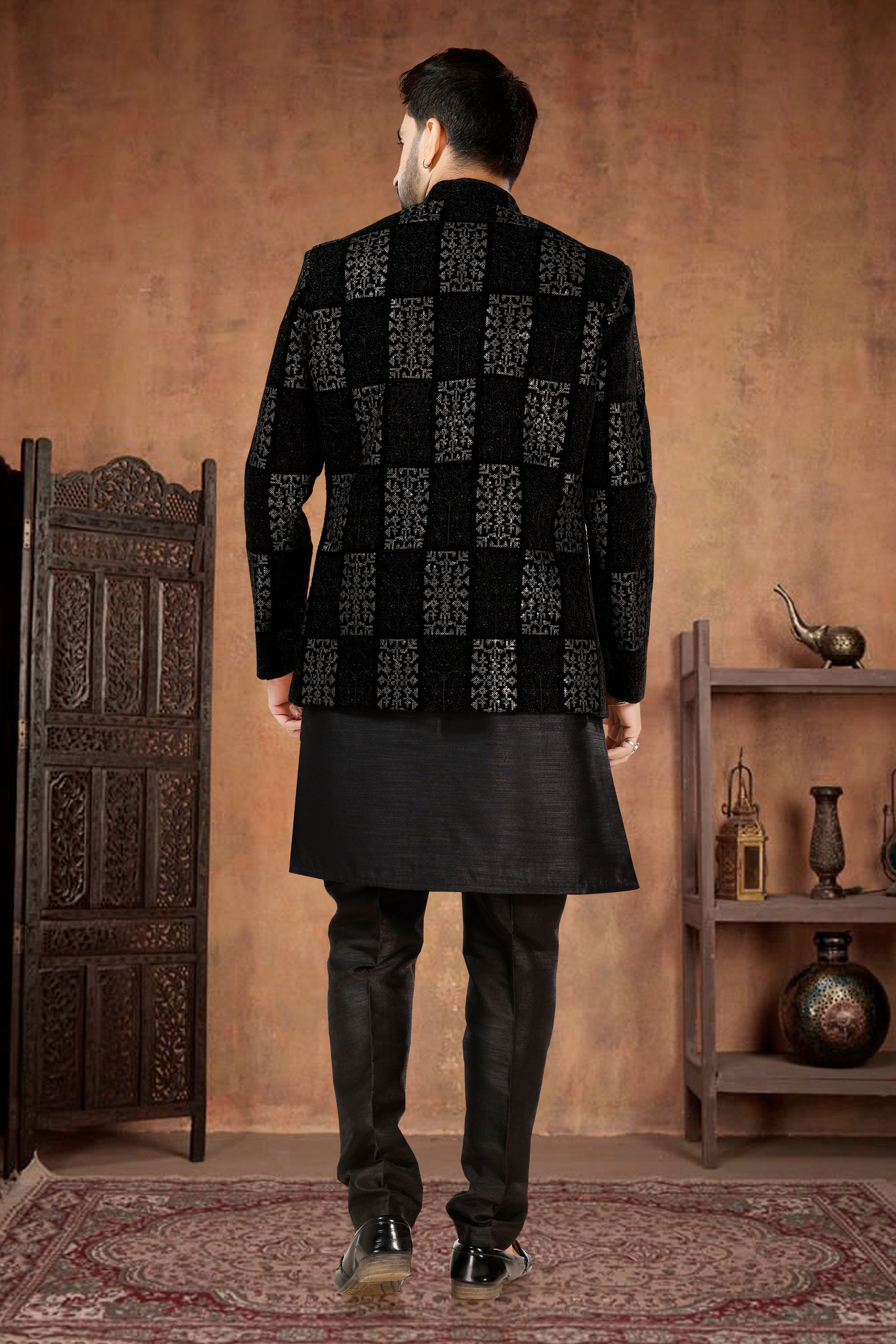 VELVET 3 PC INDO-WESTERN SET IN BLACK HUE