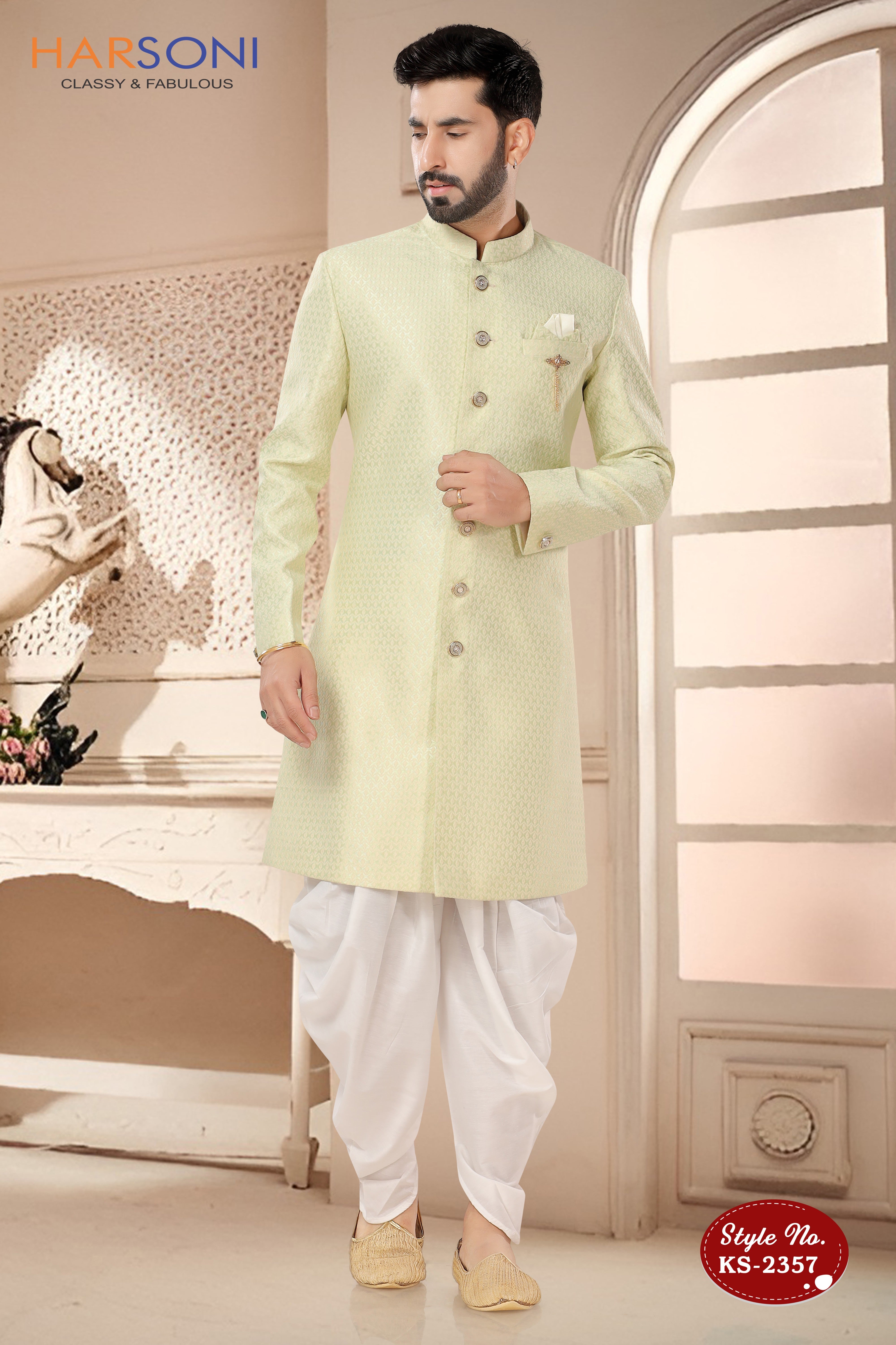 SELF-DESIGN INDO-WESTERN SET IN GREEN TONE