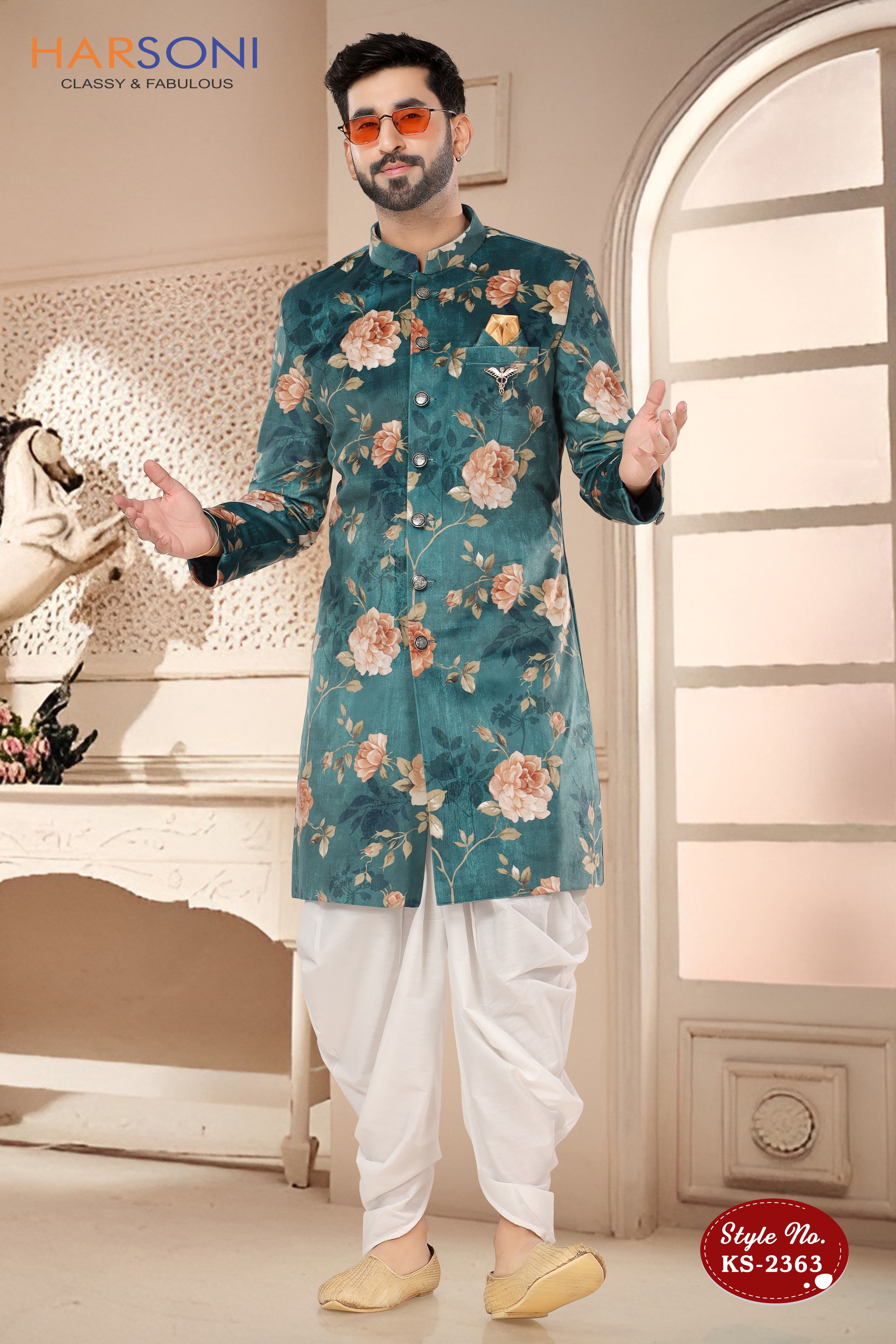 GREEN HUE FLORAL INDO-WESTERN SET IN VELVET