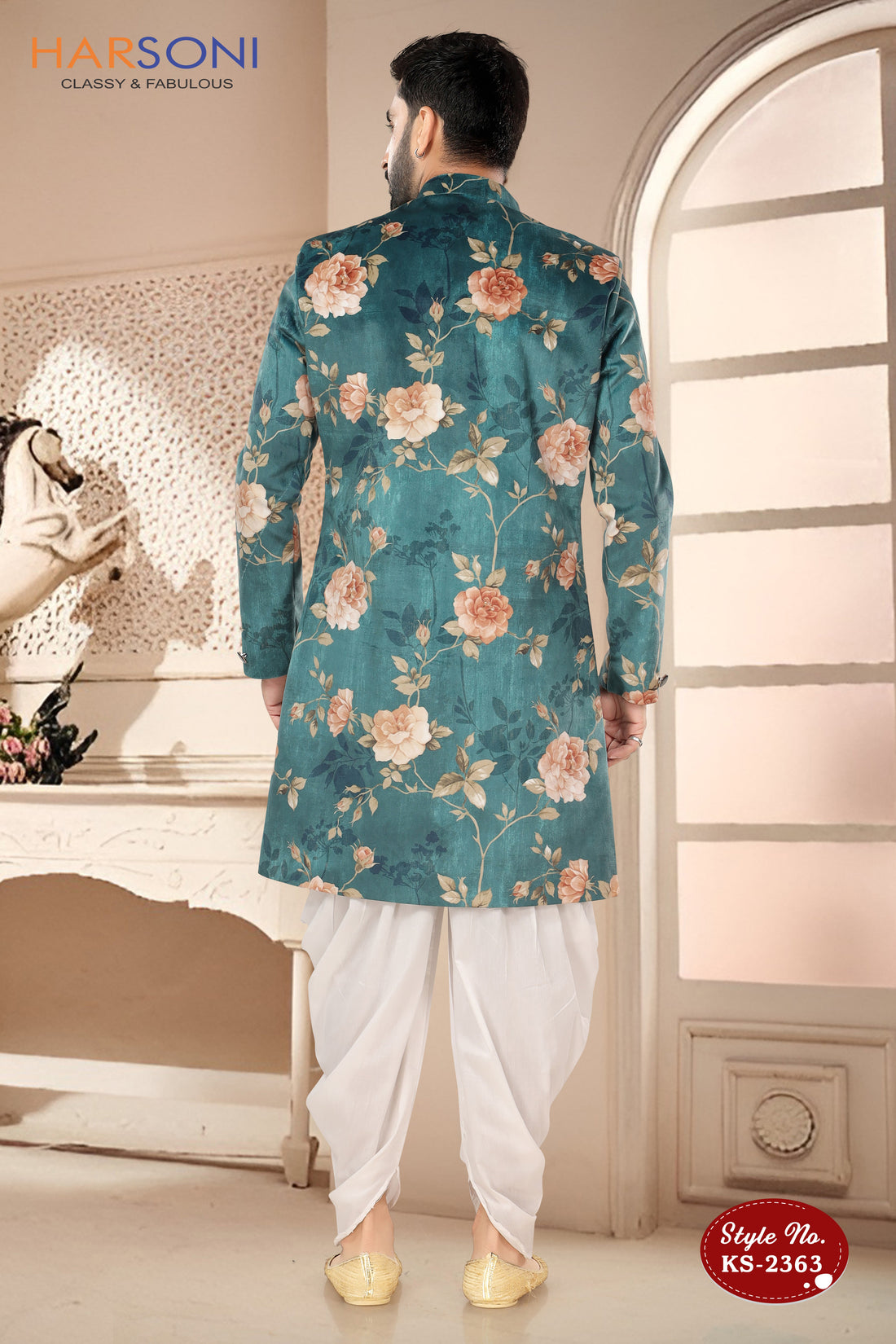 GREEN HUE FLORAL INDO-WESTERN SET IN VELVET