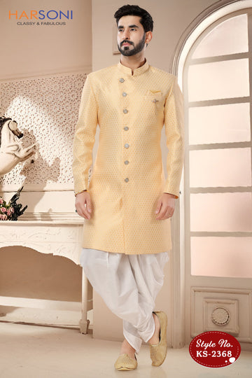YELLOW HUE INDO-WESTERN SET WITH SELF-DESIGN