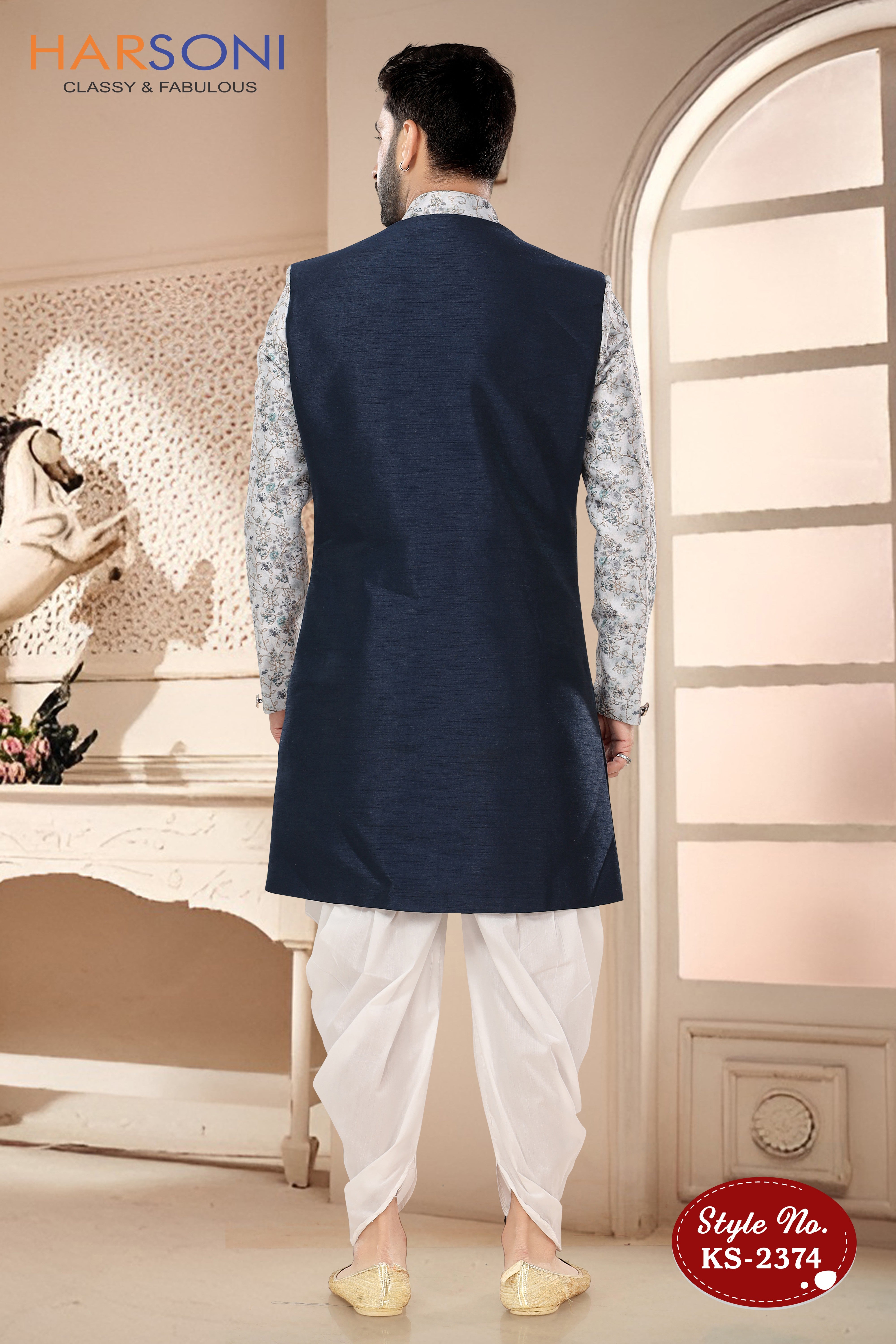 BLUE INDO-WESTERN SET WITH ATTACHED JACKET