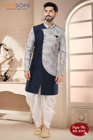 BLUE INDO-WESTERN SET WITH ATTACHED JACKET