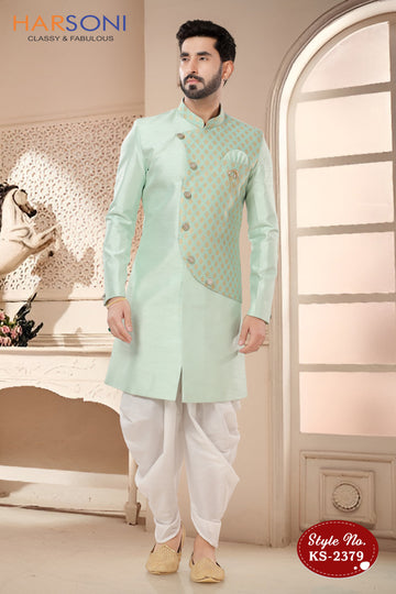 INDO-WESTERN SET WITH ATTACHED JACKET IN GREEN