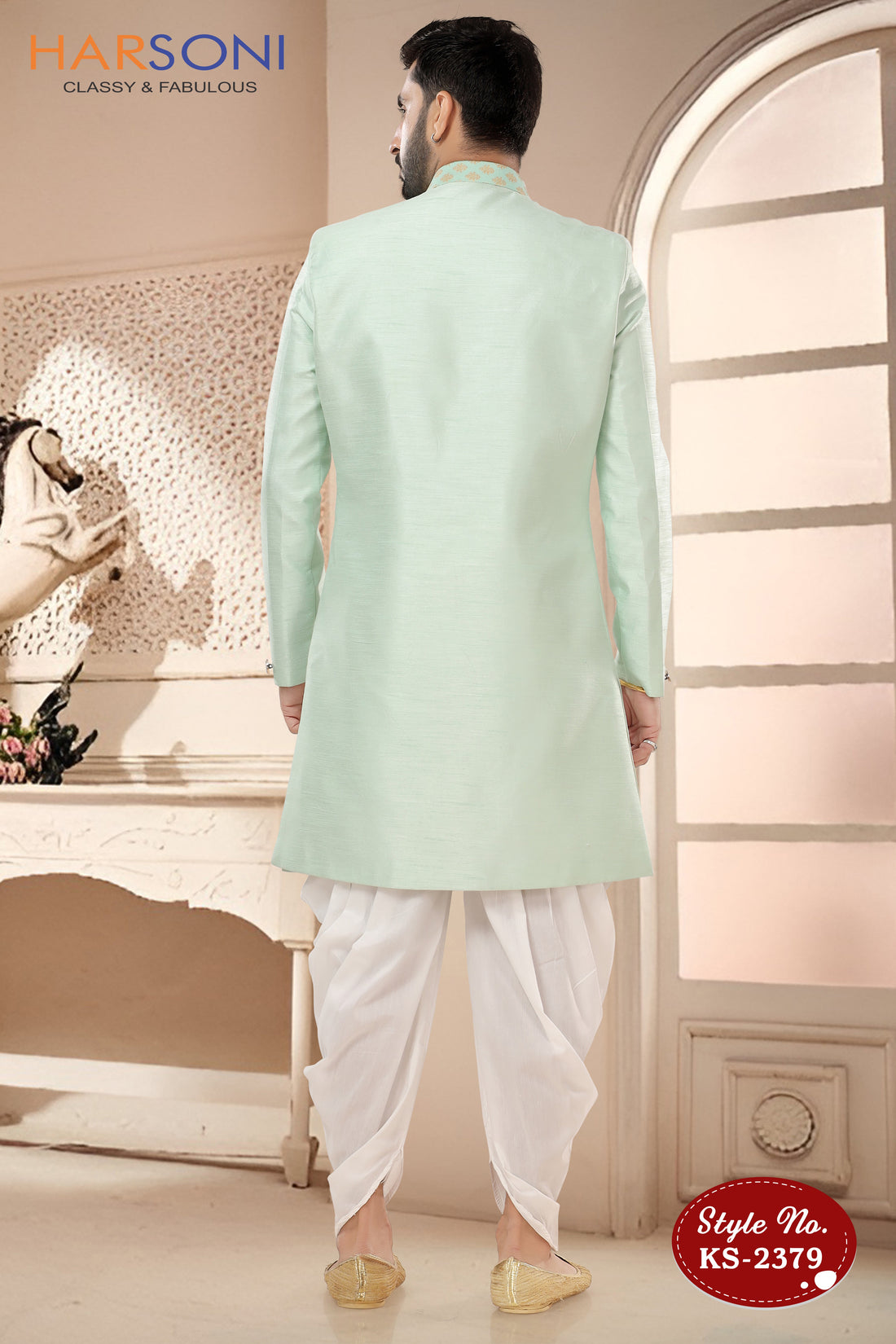 INDO-WESTERN SET WITH ATTACHED JACKET IN GREEN
