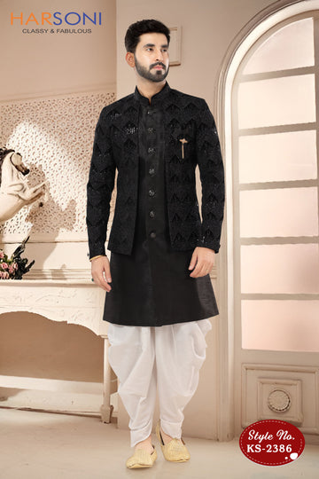 SILK BLACK INDO-WESTERN SET WITH ATTACHED JACKET