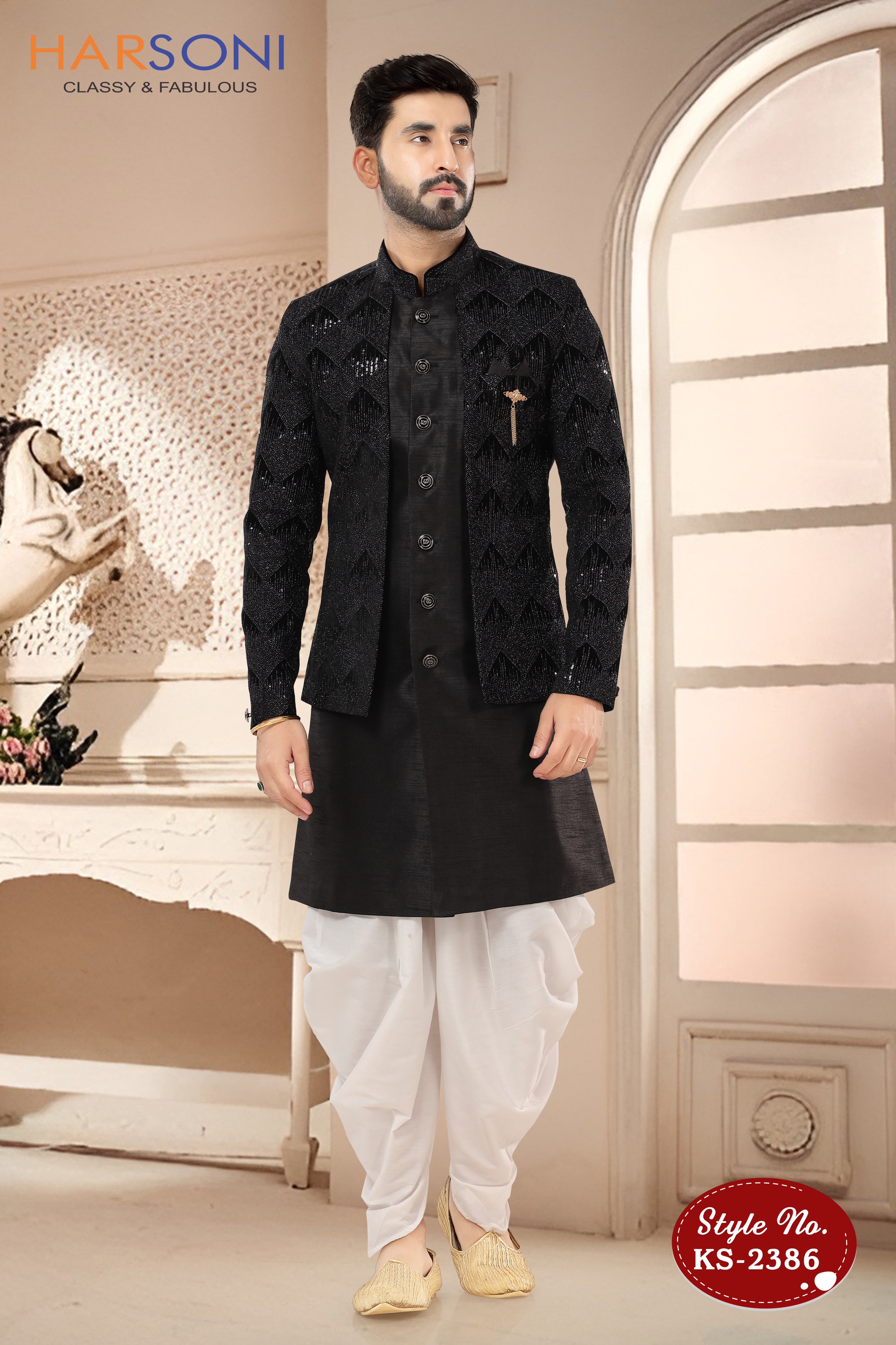 SILK BLACK INDO-WESTERN SET WITH ATTACHED JACKET