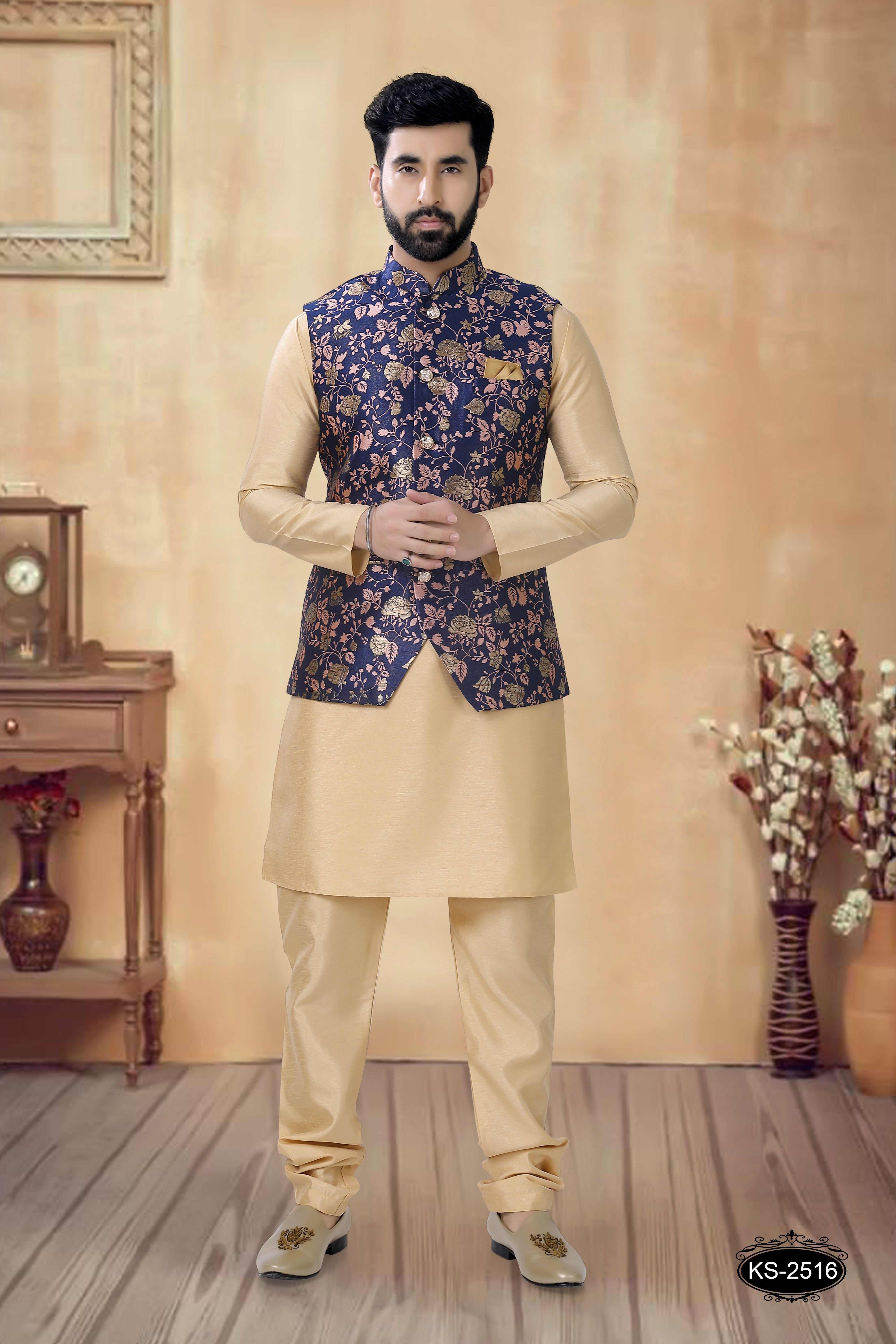 BLUE-BASE FLORAL SELF-DESIGN JACKET FOR EVERY OCCASIONS