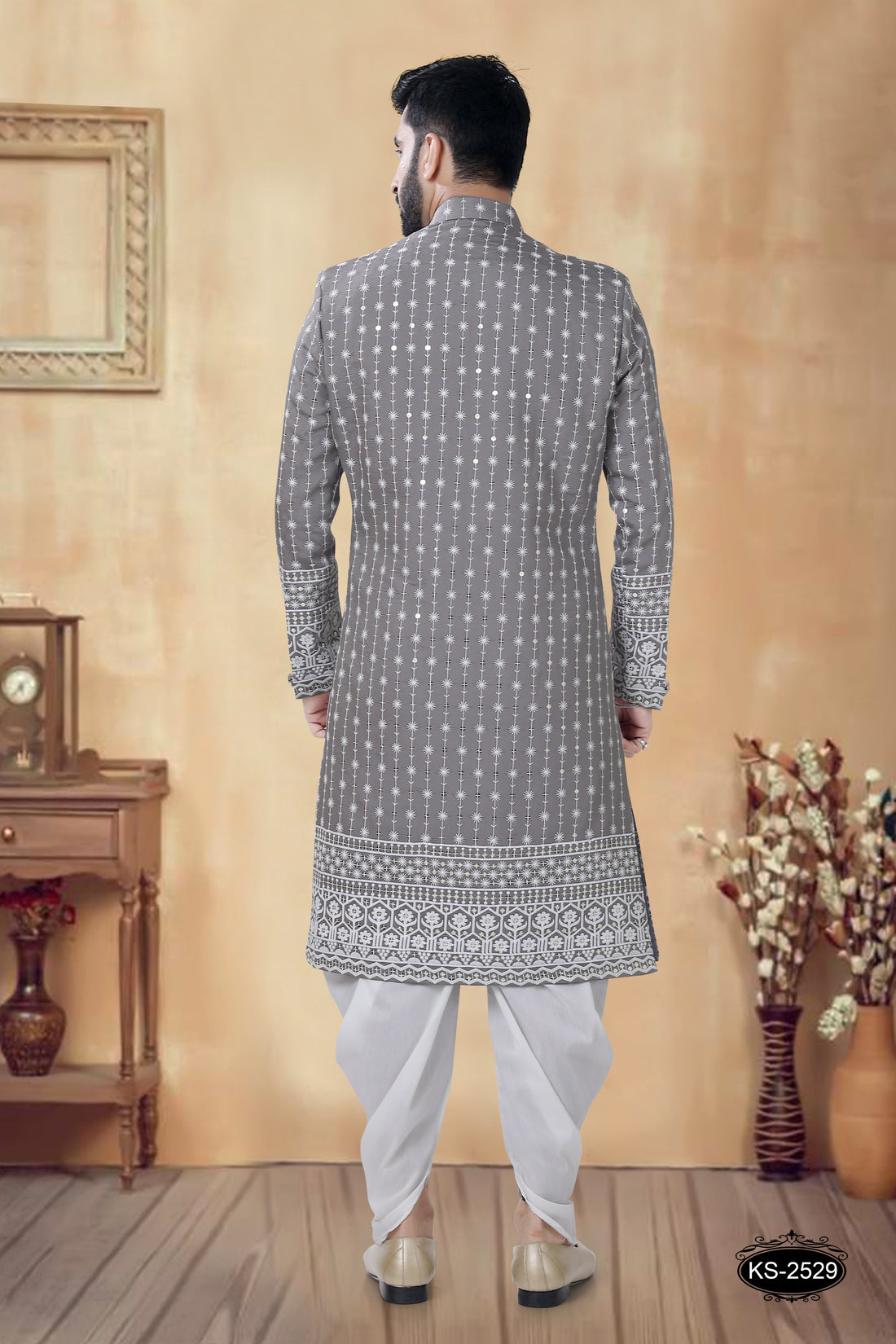 HEAVY PANEL SHERWANI SET IN GREY TONE FOR EVERY FESTIVITY