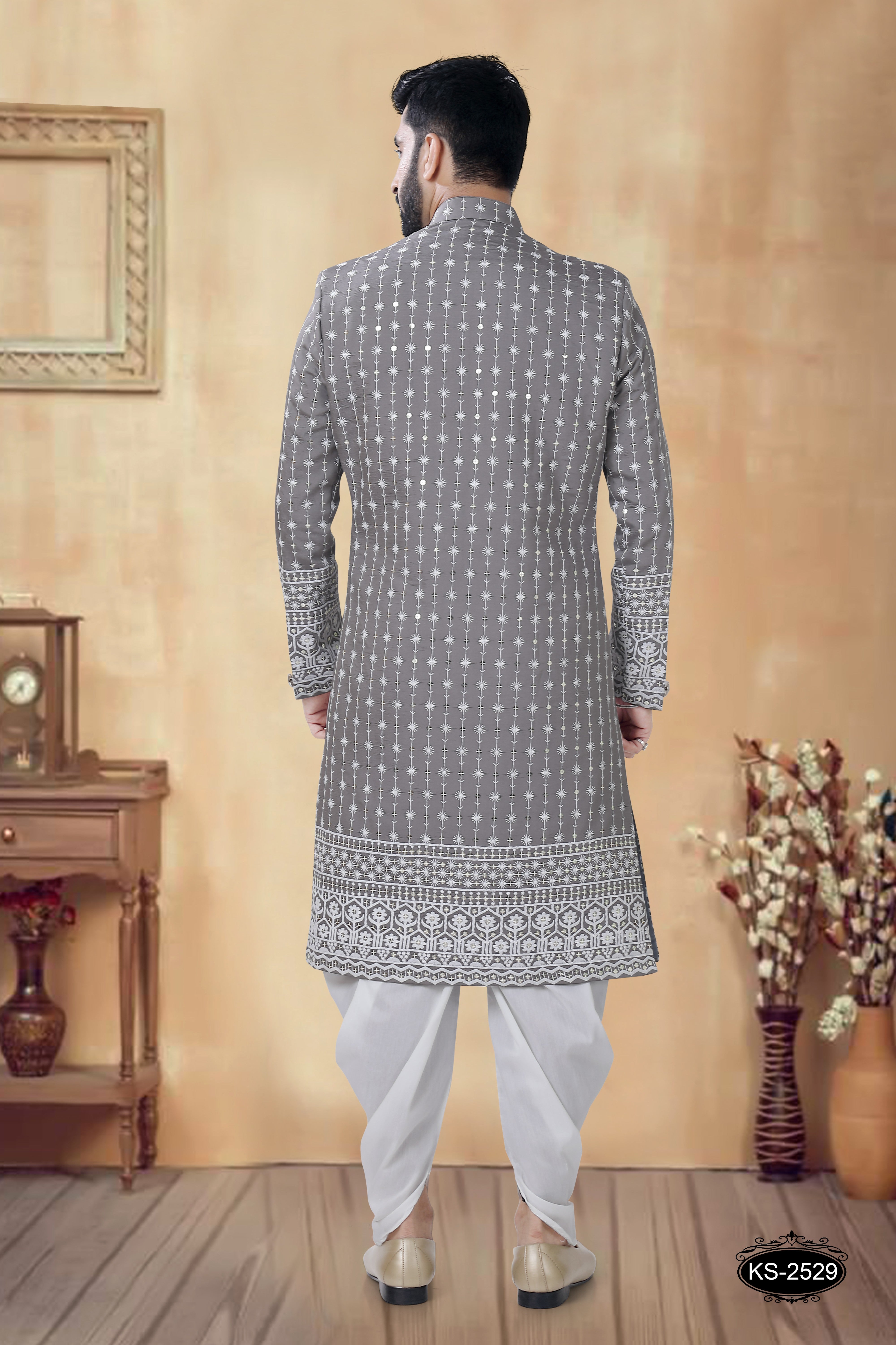 HEAVY PANEL SHERWANI SET IN GREY TONE FOR EVERY FESTIVITY