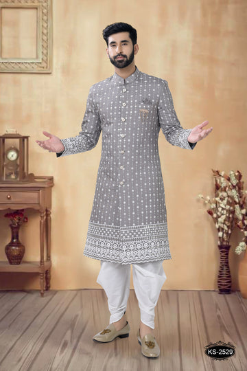 HEAVY PANEL SHERWANI SET IN GREY TONE FOR EVERY FESTIVITY
