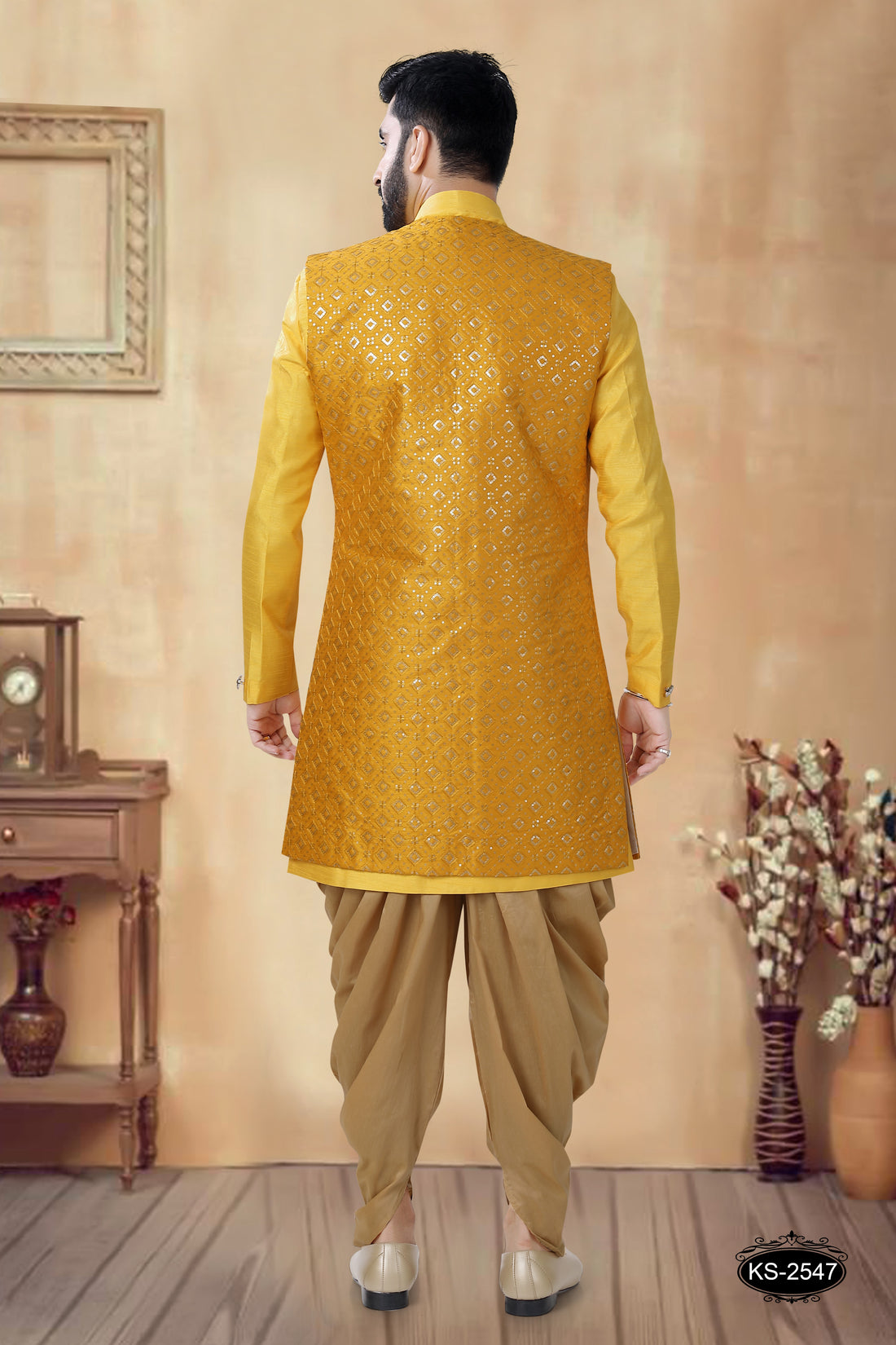 INDO-WESTERN SET WITH UNIQUE DESIGNER LONG JACKET  IN YELLOW