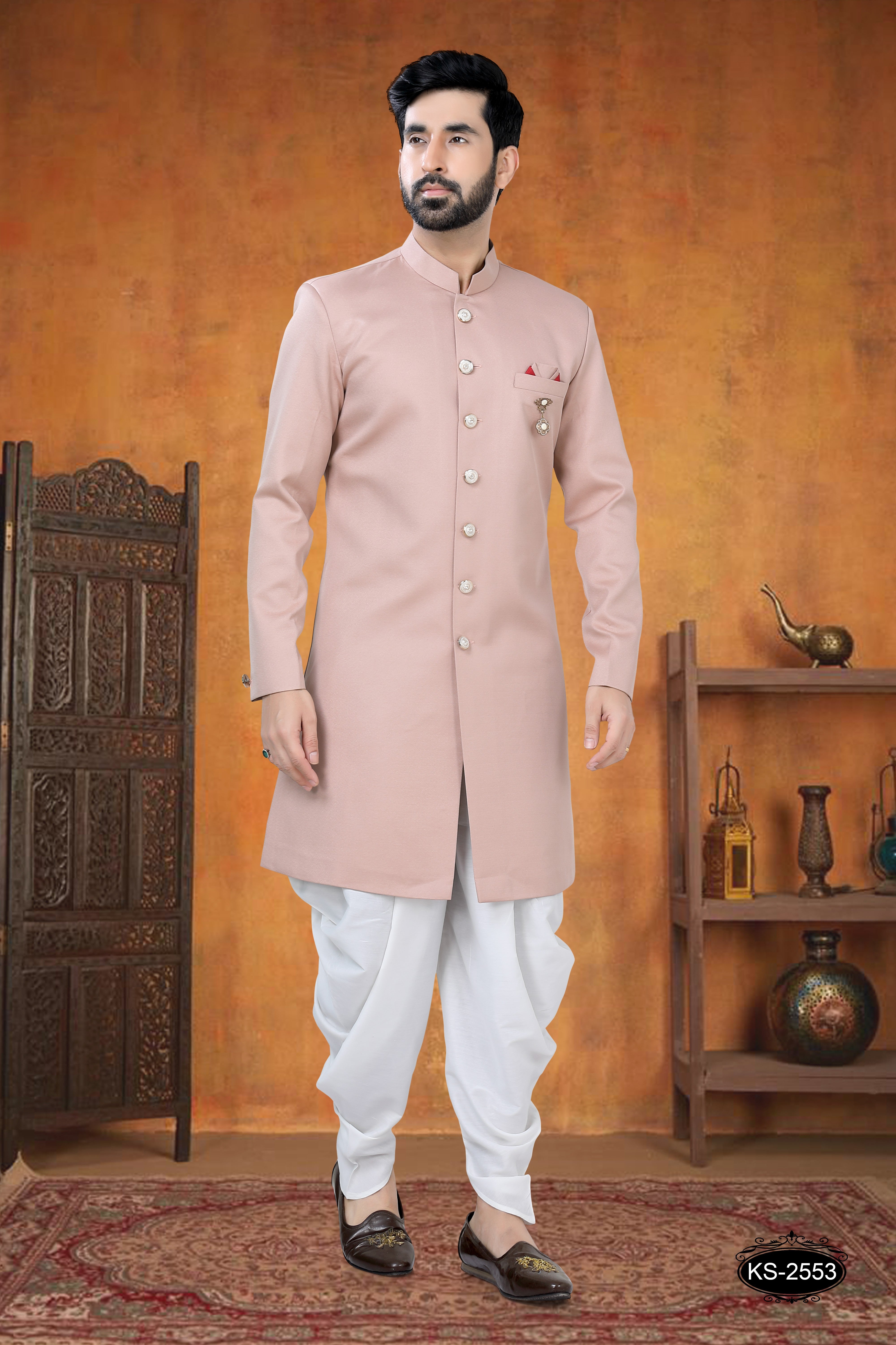 INDO-WESTERN SET WITH DESIGNER BROACH IN PINK HUE