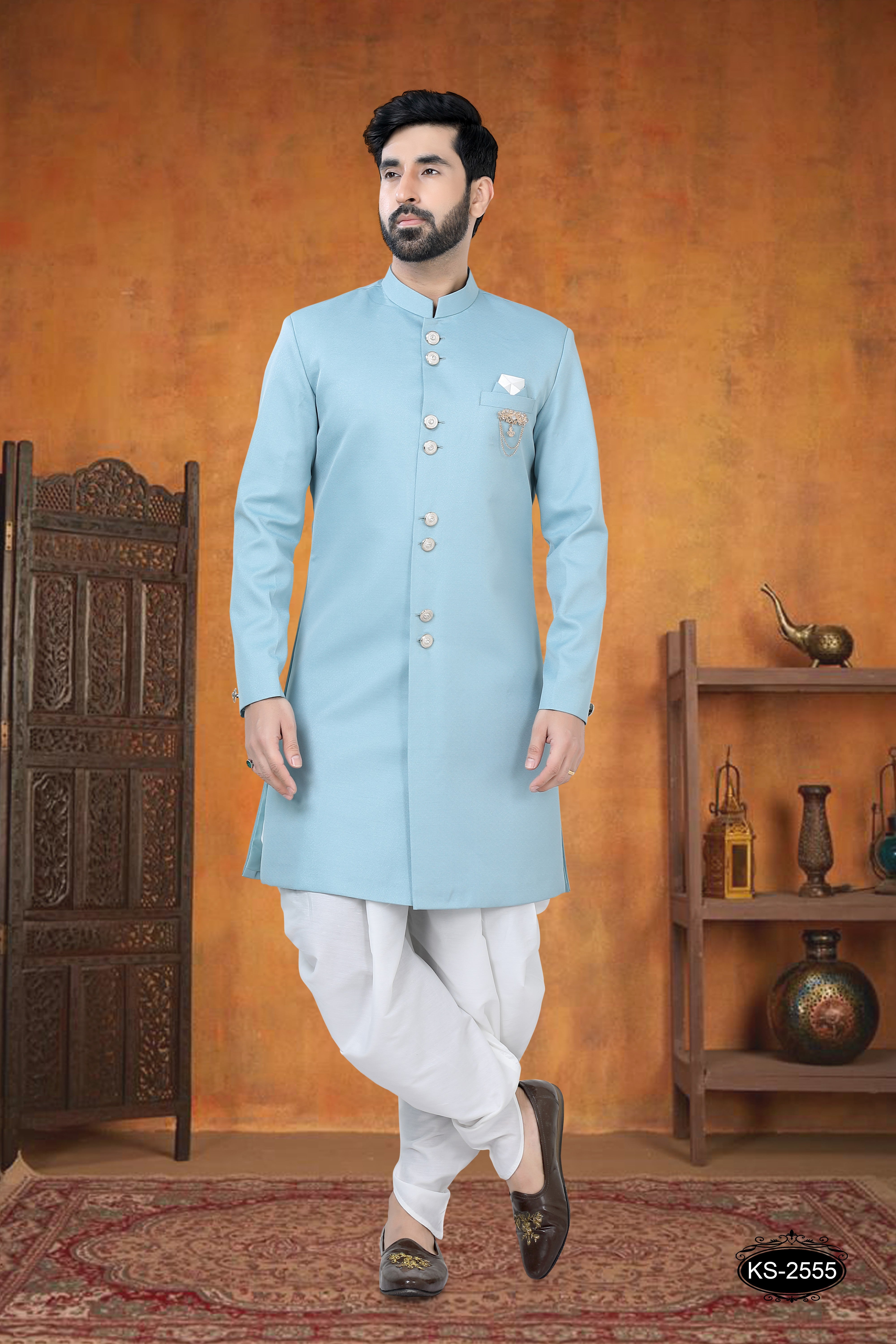 BLUE HUE INDO-WESTERN SET WITH DESIGNER BROACH