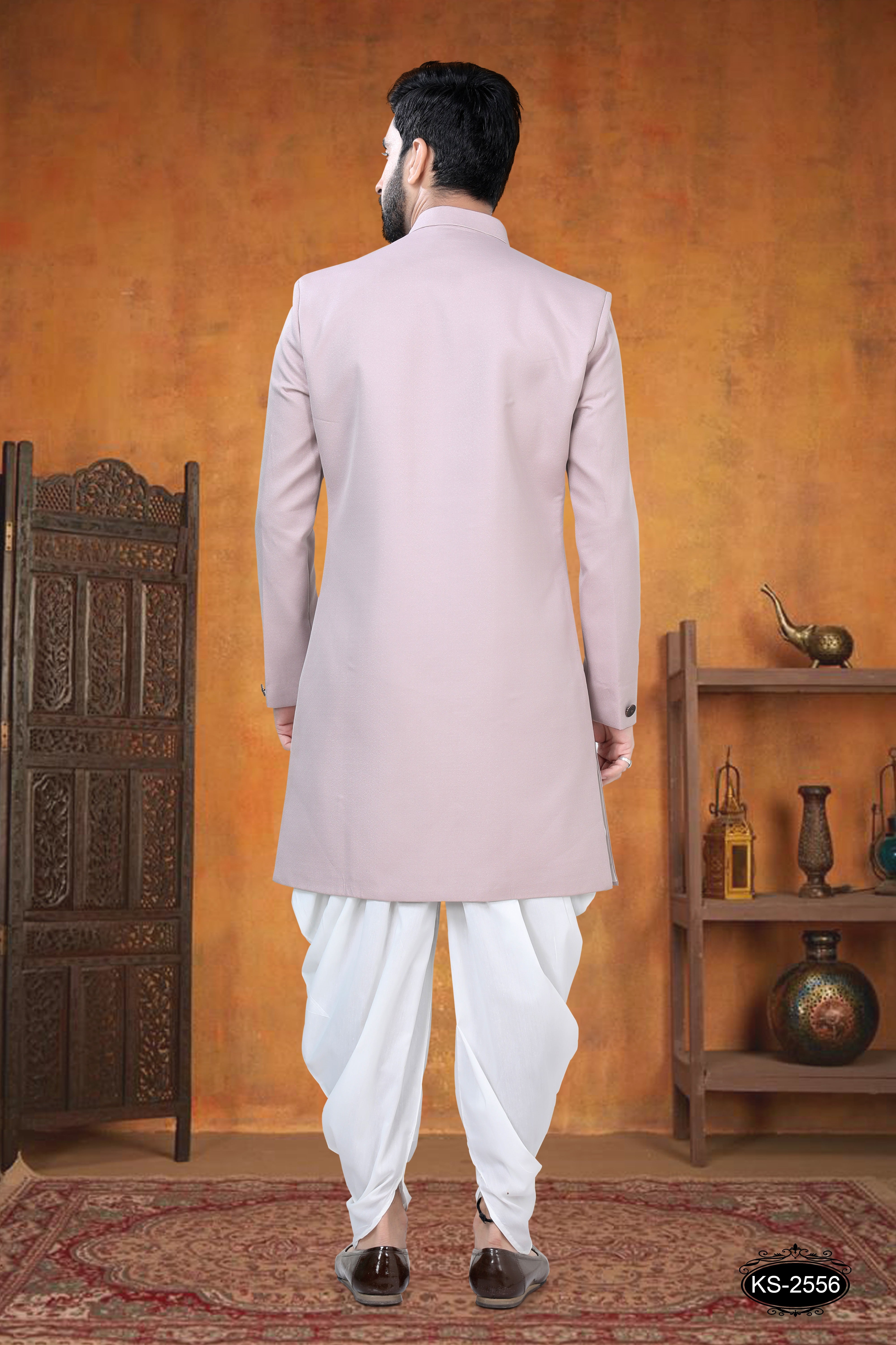 INDO-WESTERN SET WITH DESIGNER BROACH IN ONION-PINK TONE