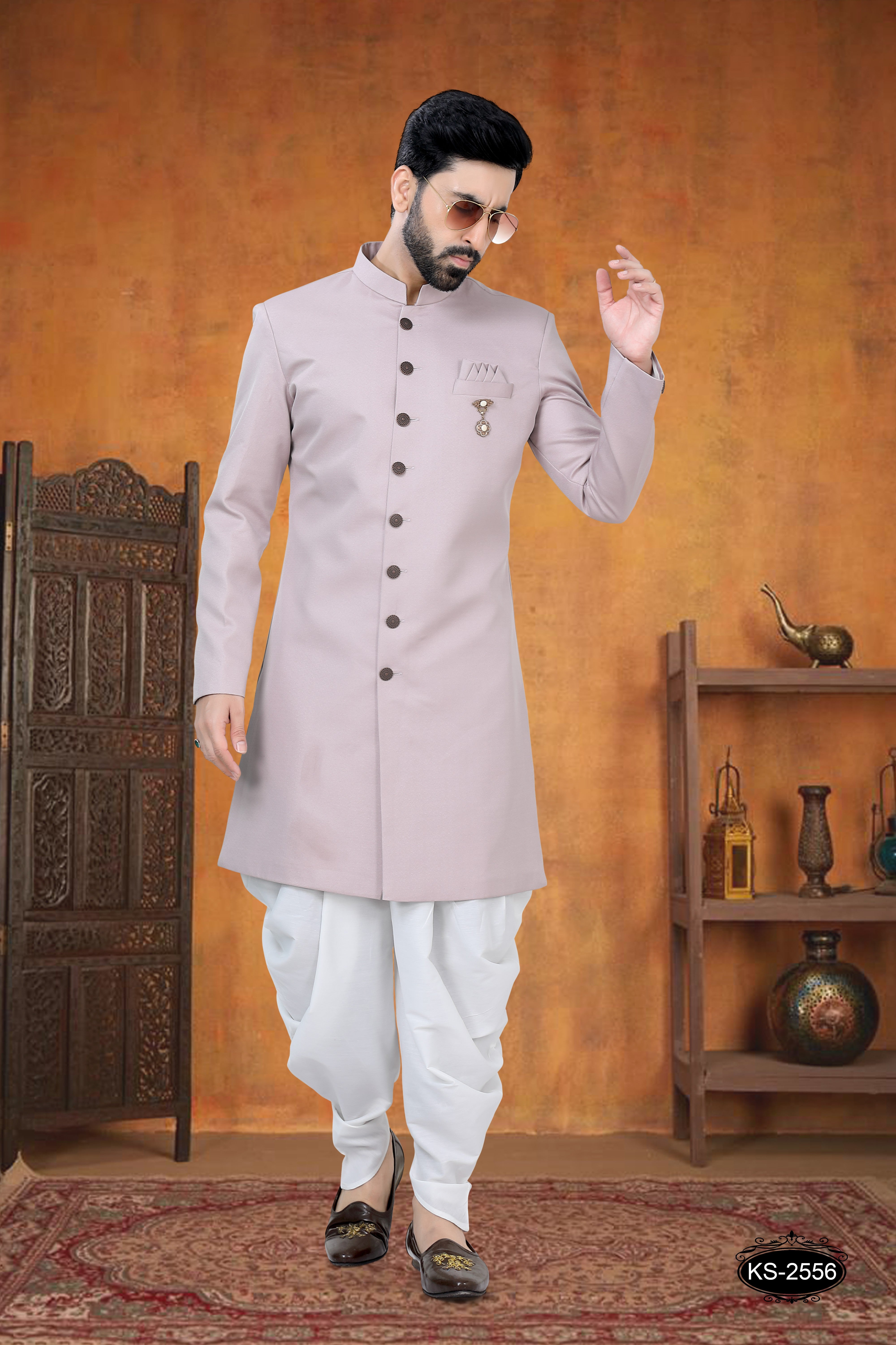 INDO-WESTERN SET WITH DESIGNER BROACH IN ONION-PINK TONE