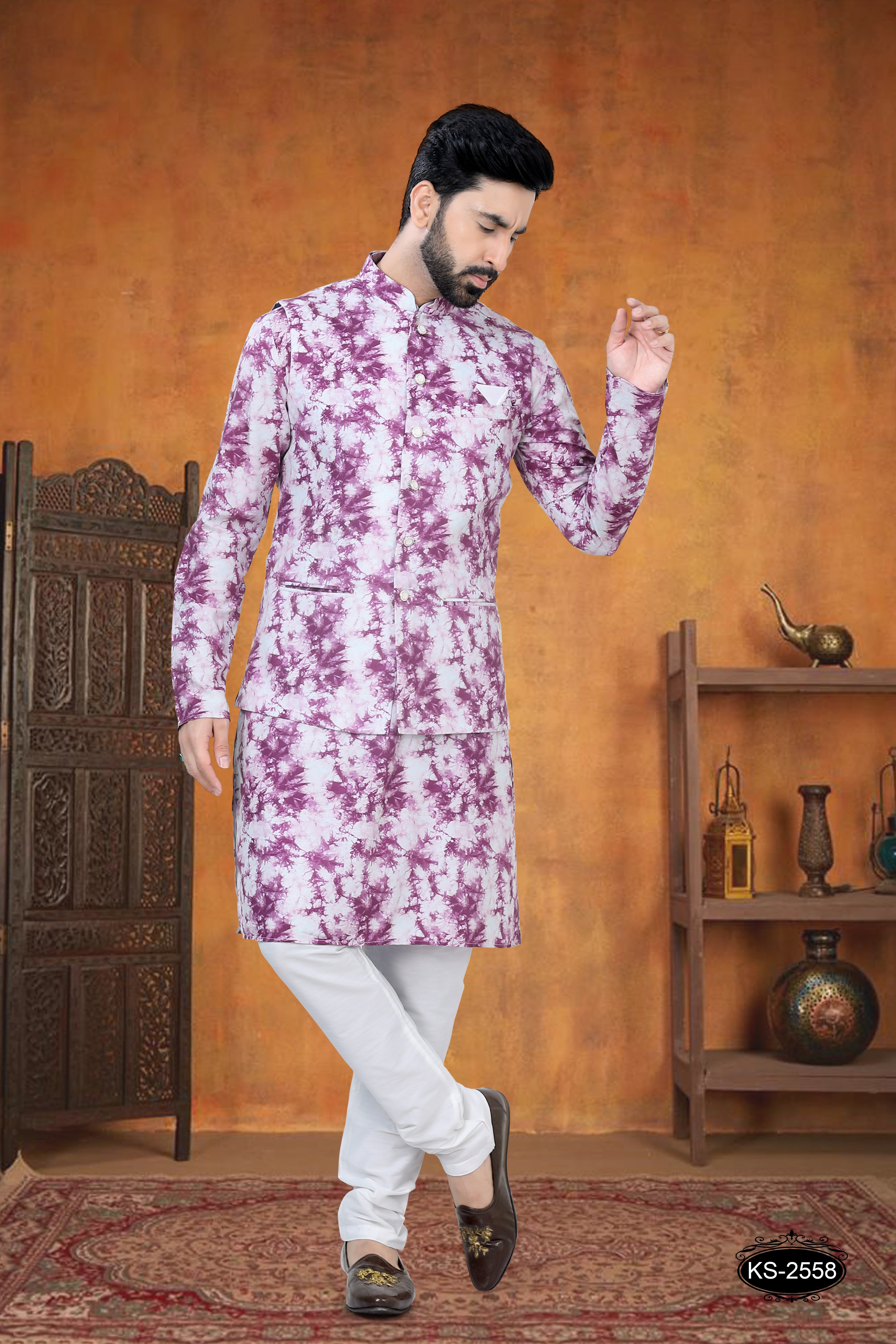 KURTA JACKET SET IN PURPLE TONE WITH SELF-DEIGN