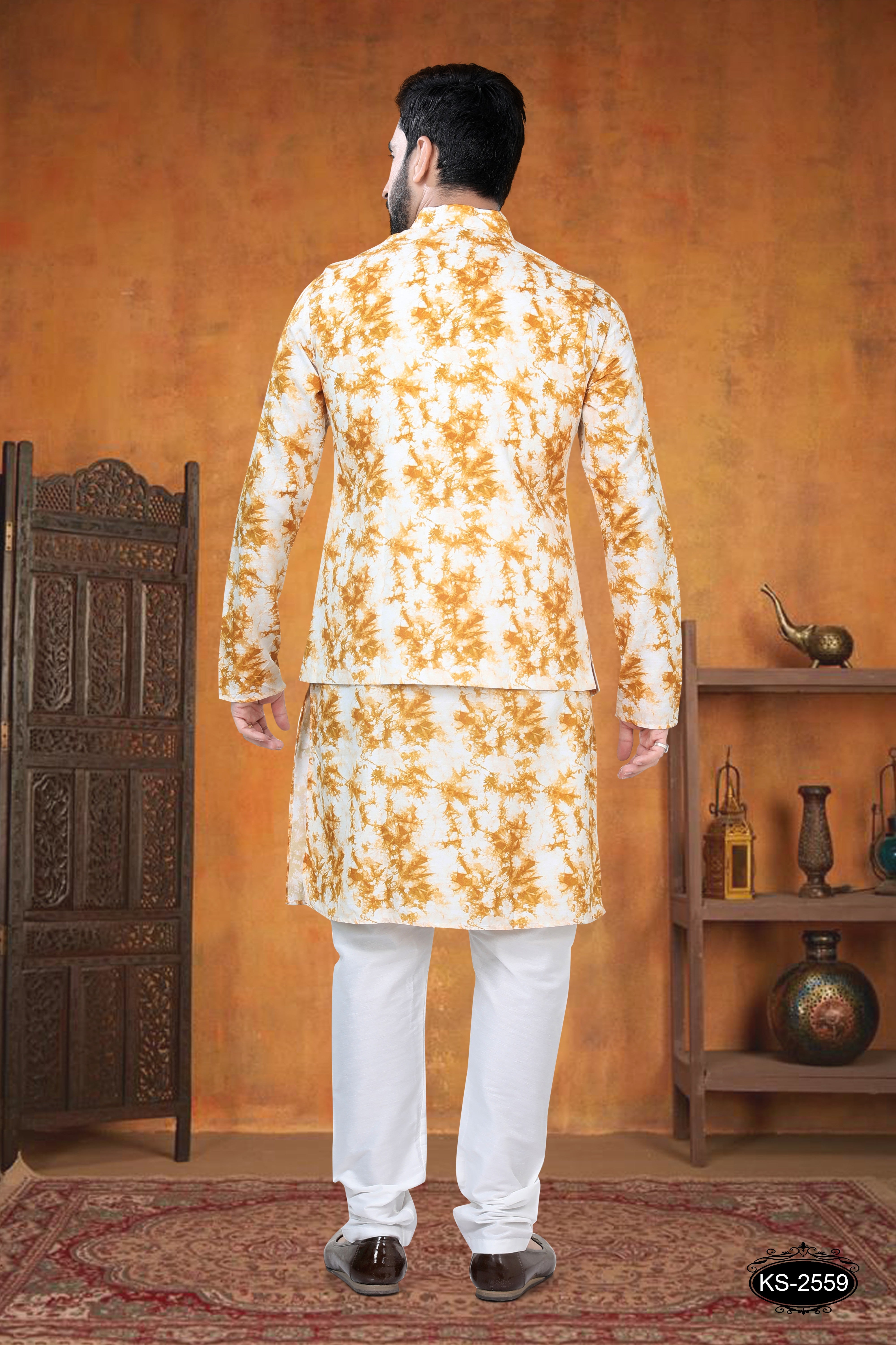 YELLOW KURTA JACKET SET WITH SELF-DESIGN