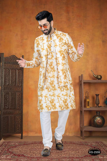 YELLOW KURTA JACKET SET WITH SELF-DESIGN