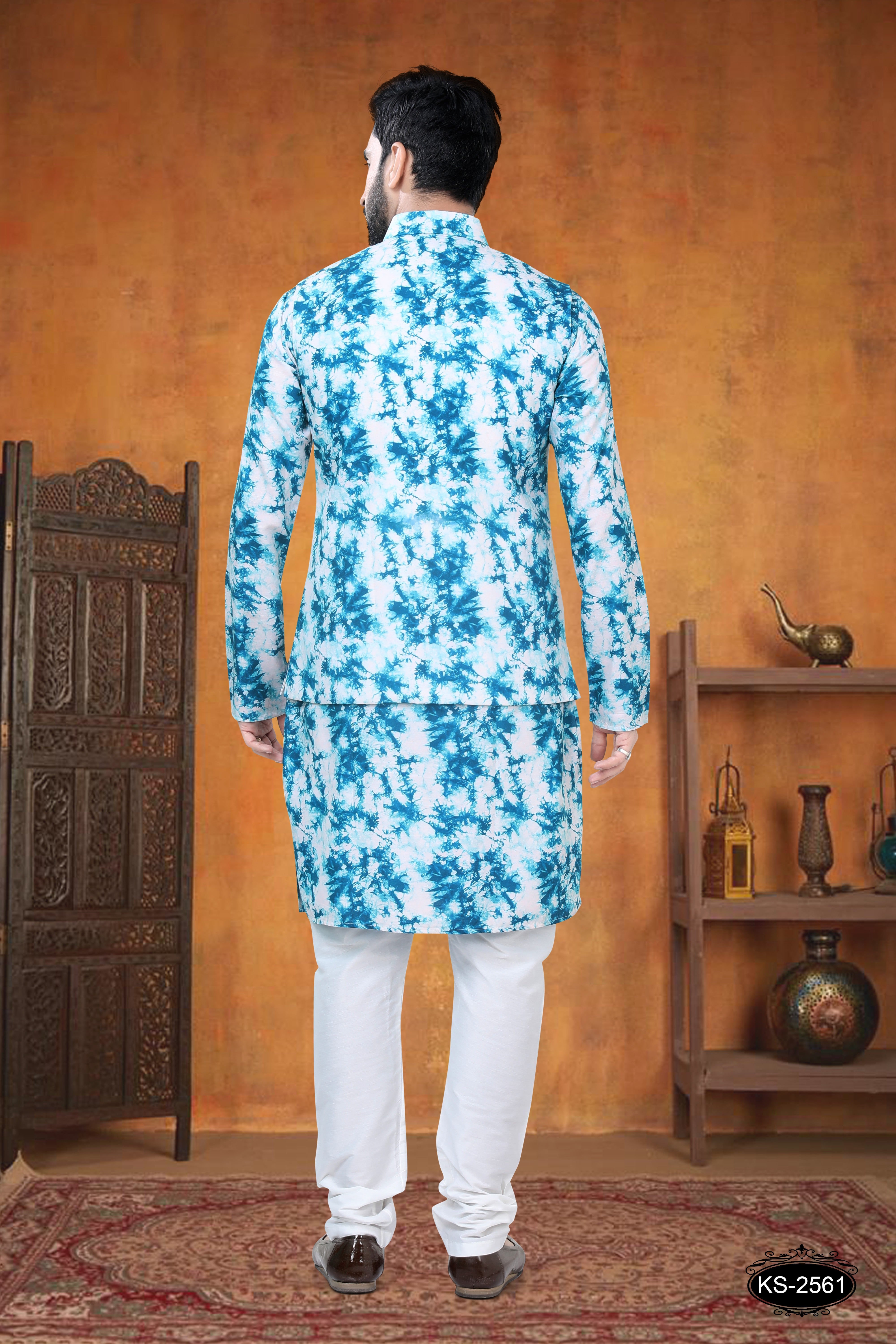 KURTA JACKET SET IN BLUE TONE WITH  SELF-DESIGN