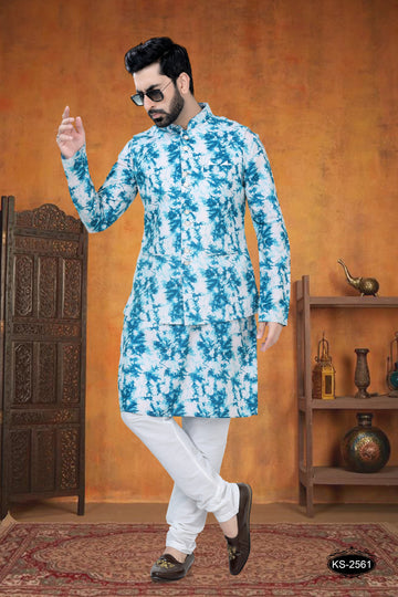 KURTA JACKET SET IN BLUE TONE WITH  SELF-DESIGN